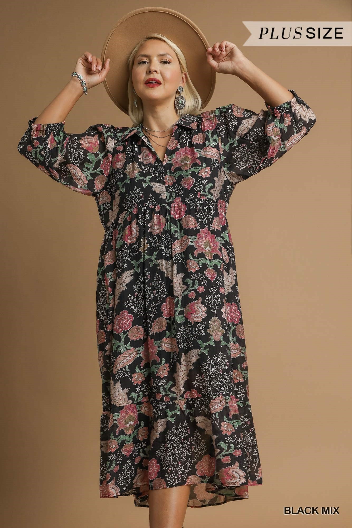 Umgee Plus Size Mix Floral Collared Midi Dress In Black Mix-Curvy/Plus Dresses-umgee-Deja Nu Boutique, Women's Fashion Boutique in Lampasas, Texas