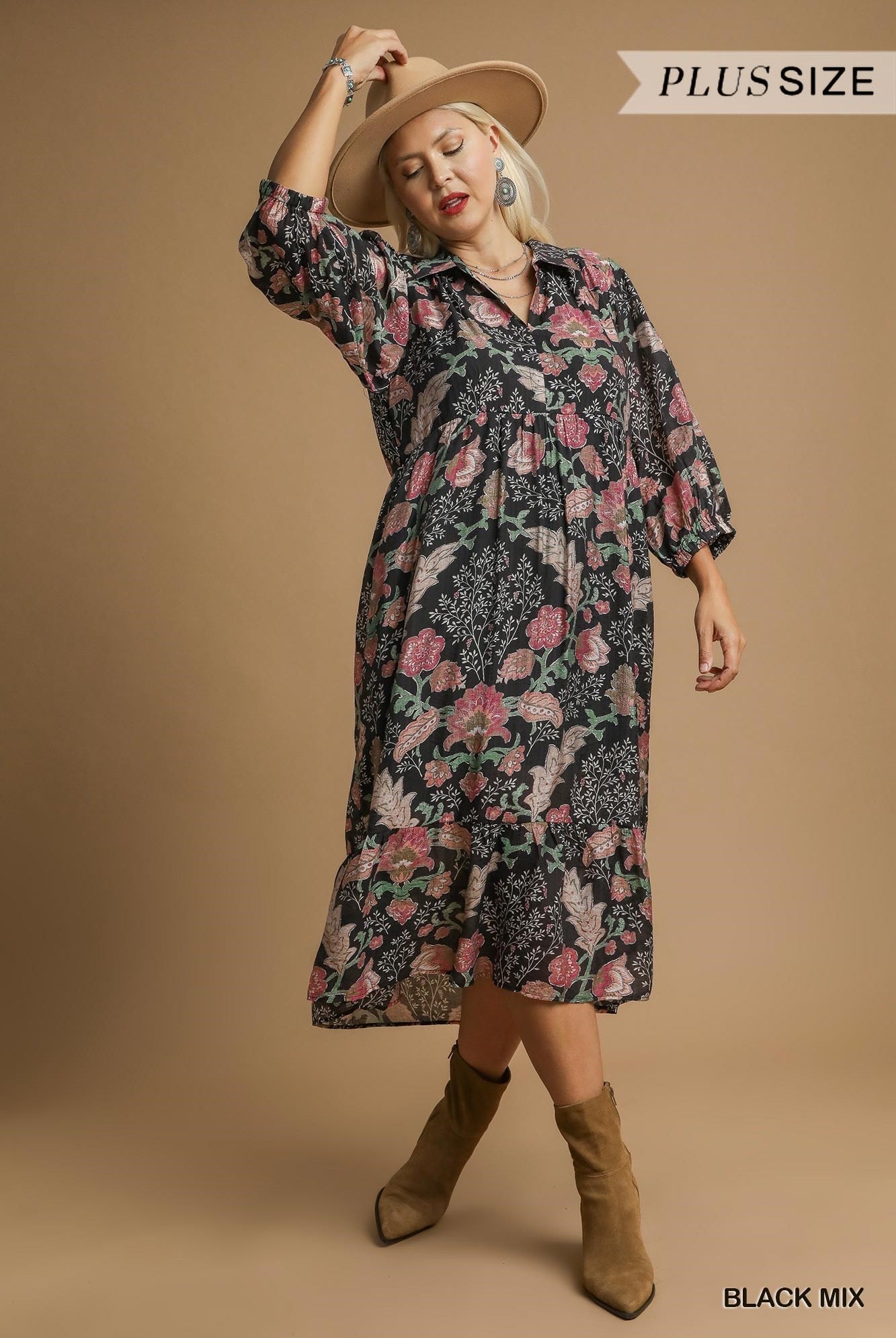 Umgee Plus Size Mix Floral Collared Midi Dress In Black Mix-Curvy/Plus Dresses-umgee-Deja Nu Boutique, Women's Fashion Boutique in Lampasas, Texas