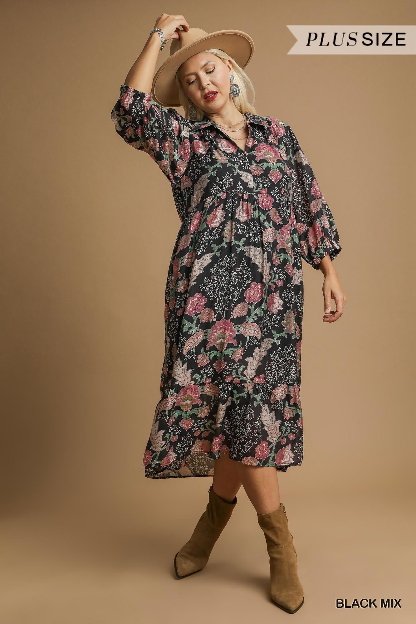 Umgee Plus Size Mix Floral Collared Midi Dress In Black Mix-Curvy/Plus Dresses-umgee-Deja Nu Boutique, Women's Fashion Boutique in Lampasas, Texas