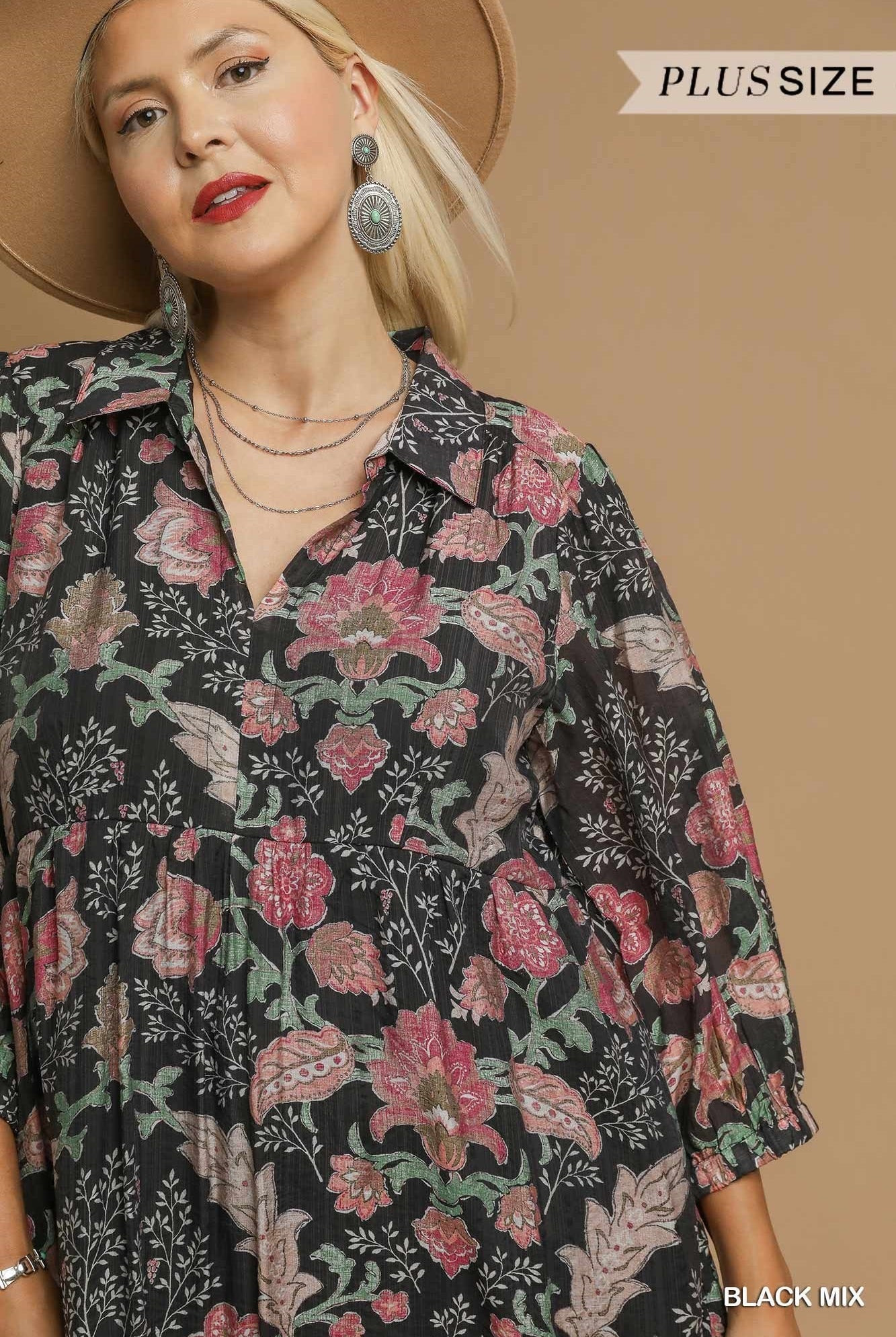 Umgee Plus Size Mix Floral Collared Midi Dress In Black Mix-Curvy/Plus Dresses-umgee-Deja Nu Boutique, Women's Fashion Boutique in Lampasas, Texas