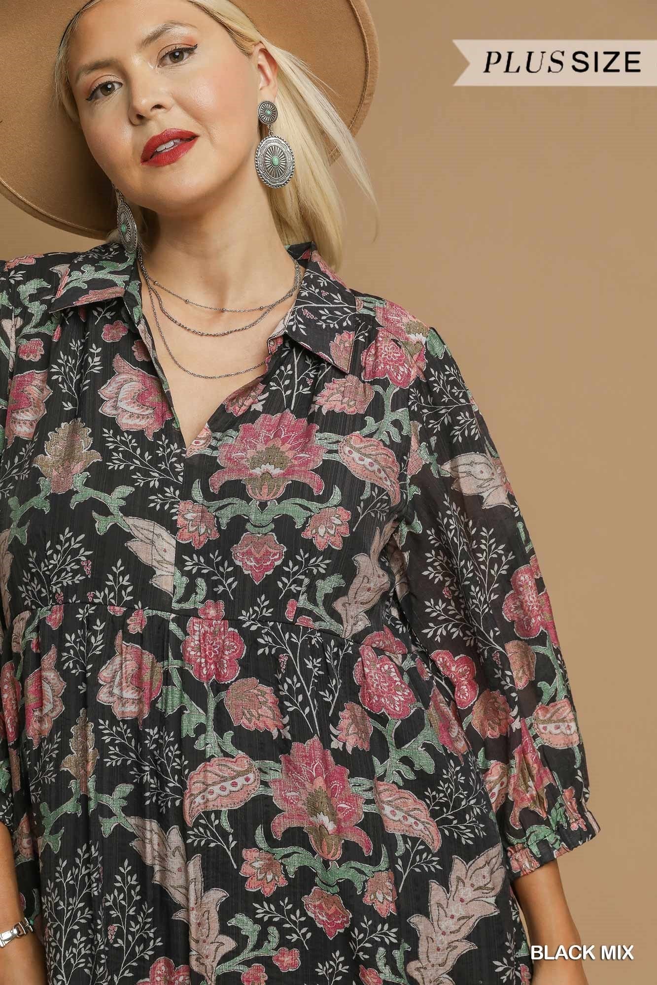 Umgee Plus Size Mix Floral Collared Midi Dress In Black Mix-Curvy/Plus Dresses-umgee-Deja Nu Boutique, Women's Fashion Boutique in Lampasas, Texas