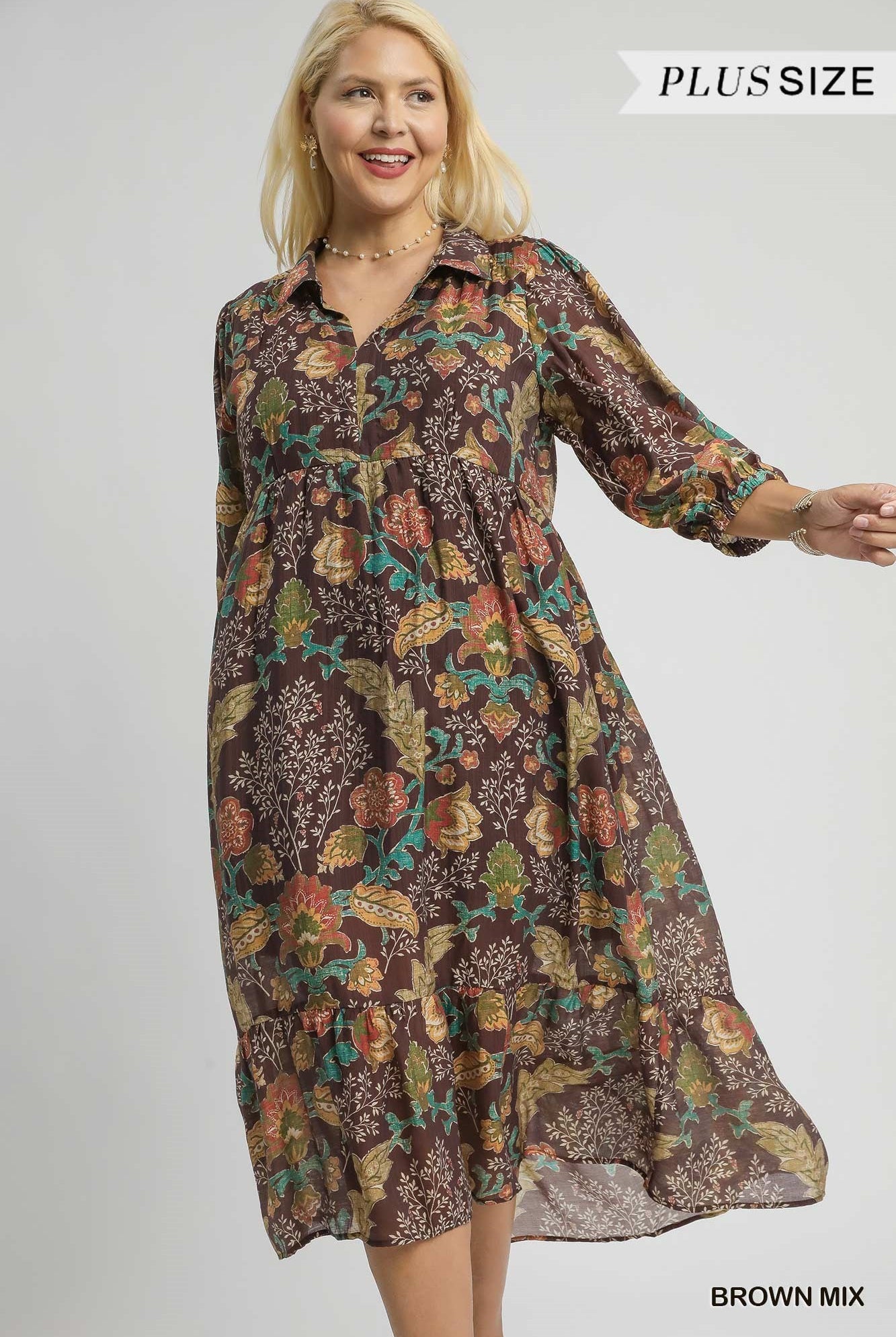 Umgee Plus Size Mix Floral Collared Midi Dress In Brown Mix-Curvy/Plus Dresses-umgee-Deja Nu Boutique, Women's Fashion Boutique in Lampasas, Texas