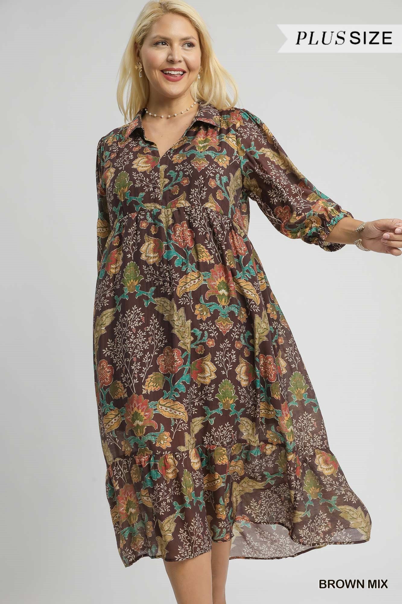 Umgee Plus Size Mix Floral Collared Midi Dress In Brown Mix-Curvy/Plus Dresses-umgee-Deja Nu Boutique, Women's Fashion Boutique in Lampasas, Texas