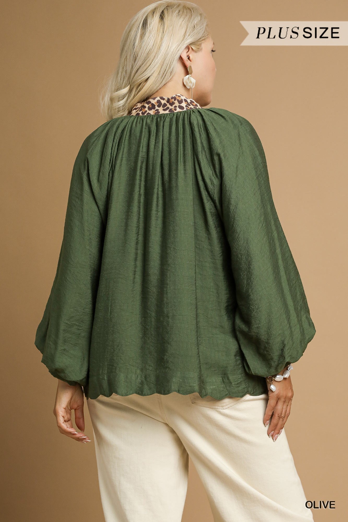 Umgee Plus Size Olive Balloon Sleeve Blouse with Leopard Trim-Curvy/Plus Blouses-Umgee-Deja Nu Boutique, Women's Fashion Boutique in Lampasas, Texas