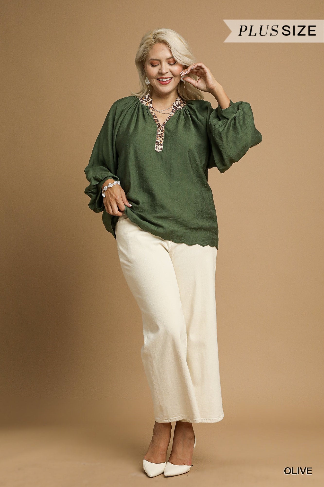 Umgee Plus Size Olive Balloon Sleeve Blouse with Leopard Trim-Curvy/Plus Blouses-Umgee-Deja Nu Boutique, Women's Fashion Boutique in Lampasas, Texas