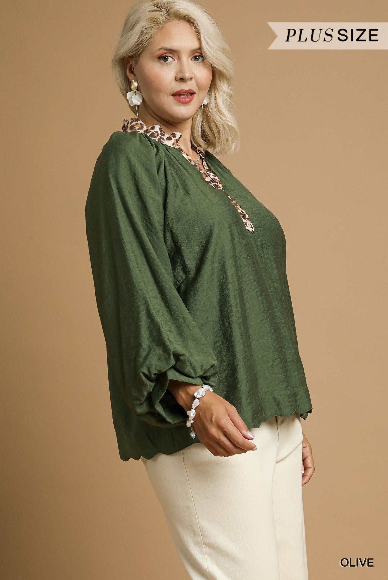Umgee Plus Size Olive Balloon Sleeve Blouse with Leopard Trim-Curvy/Plus Blouses-Umgee-Deja Nu Boutique, Women's Fashion Boutique in Lampasas, Texas