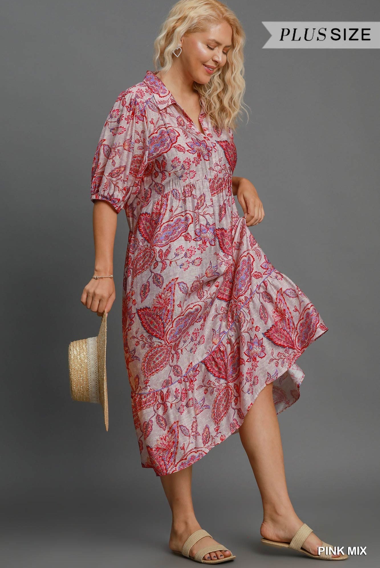 Umgee Plus Size Pink Mix Floral Tiered Midi Dress In Pink Mix-Curvy/Plus Dresses-Umgee-Deja Nu Boutique, Women's Fashion Boutique in Lampasas, Texas