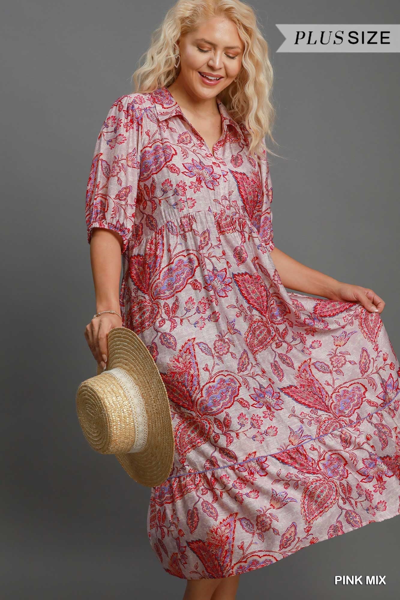 Umgee Plus Size Pink Mix Floral Tiered Midi Dress In Pink Mix-Curvy/Plus Dresses-Umgee-Deja Nu Boutique, Women's Fashion Boutique in Lampasas, Texas