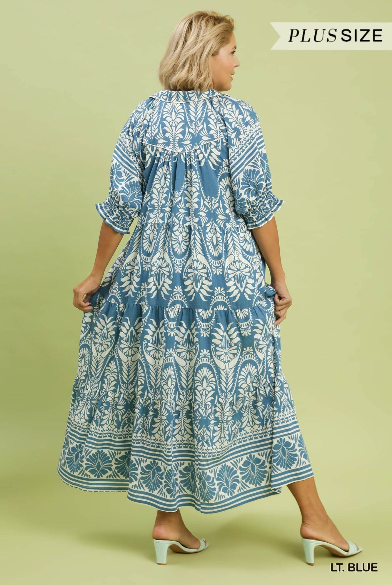 Umgee Plus Size Two-Tone Border Print Tiered Midi Dress In Light Blue-Curvy/Plus Dresses-Umgee-Deja Nu Boutique, Women's Fashion Boutique in Lampasas, Texas