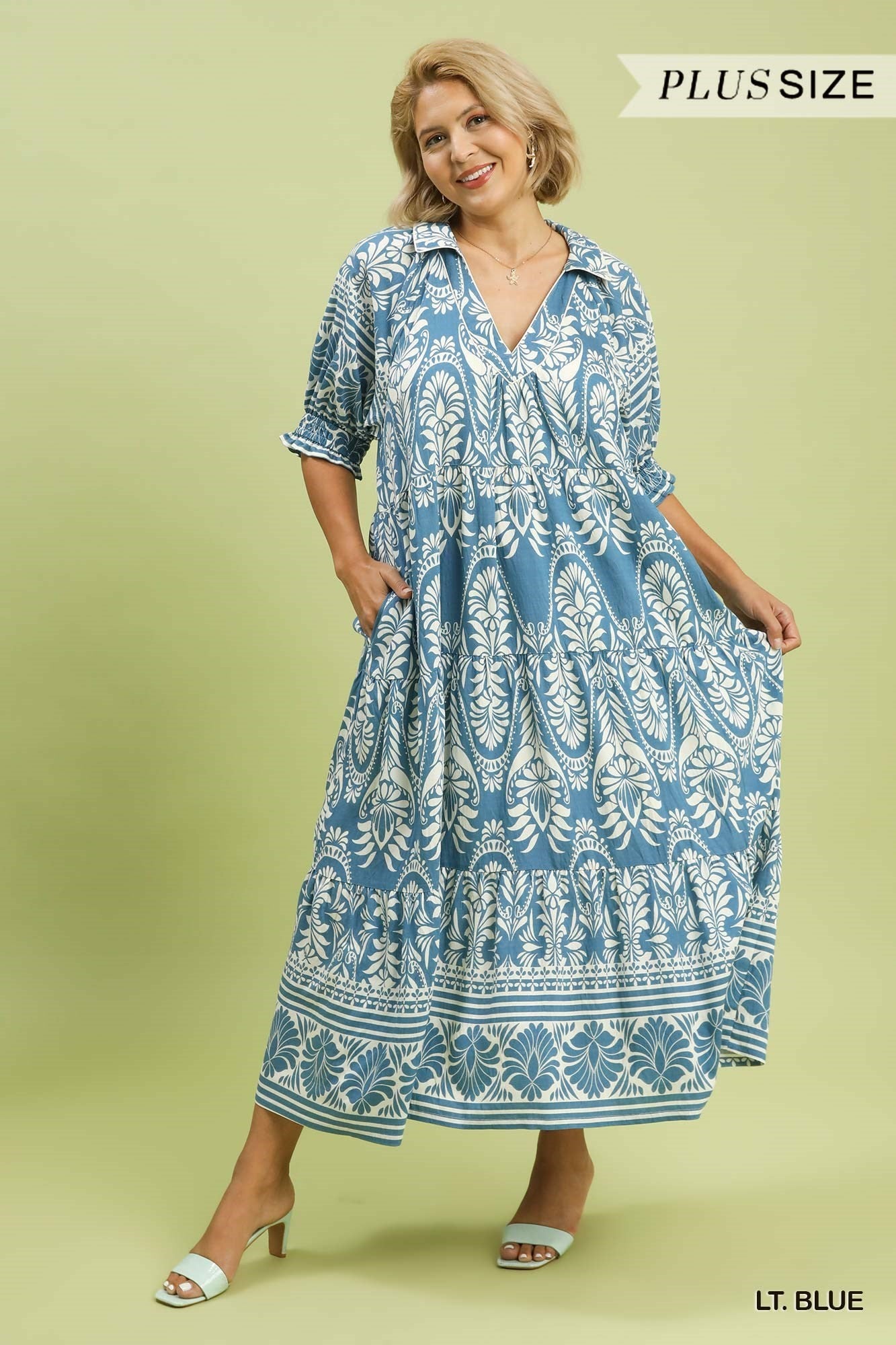 Umgee Plus Size Two-Tone Border Print Tiered Midi Dress In Light Blue-Curvy/Plus Dresses-Umgee-Deja Nu Boutique, Women's Fashion Boutique in Lampasas, Texas