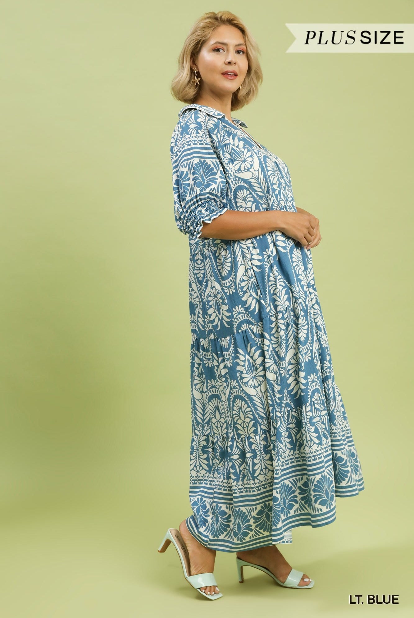 Umgee Plus Size Two-Tone Border Print Tiered Midi Dress In Light Blue-Curvy/Plus Dresses-Umgee-Deja Nu Boutique, Women's Fashion Boutique in Lampasas, Texas