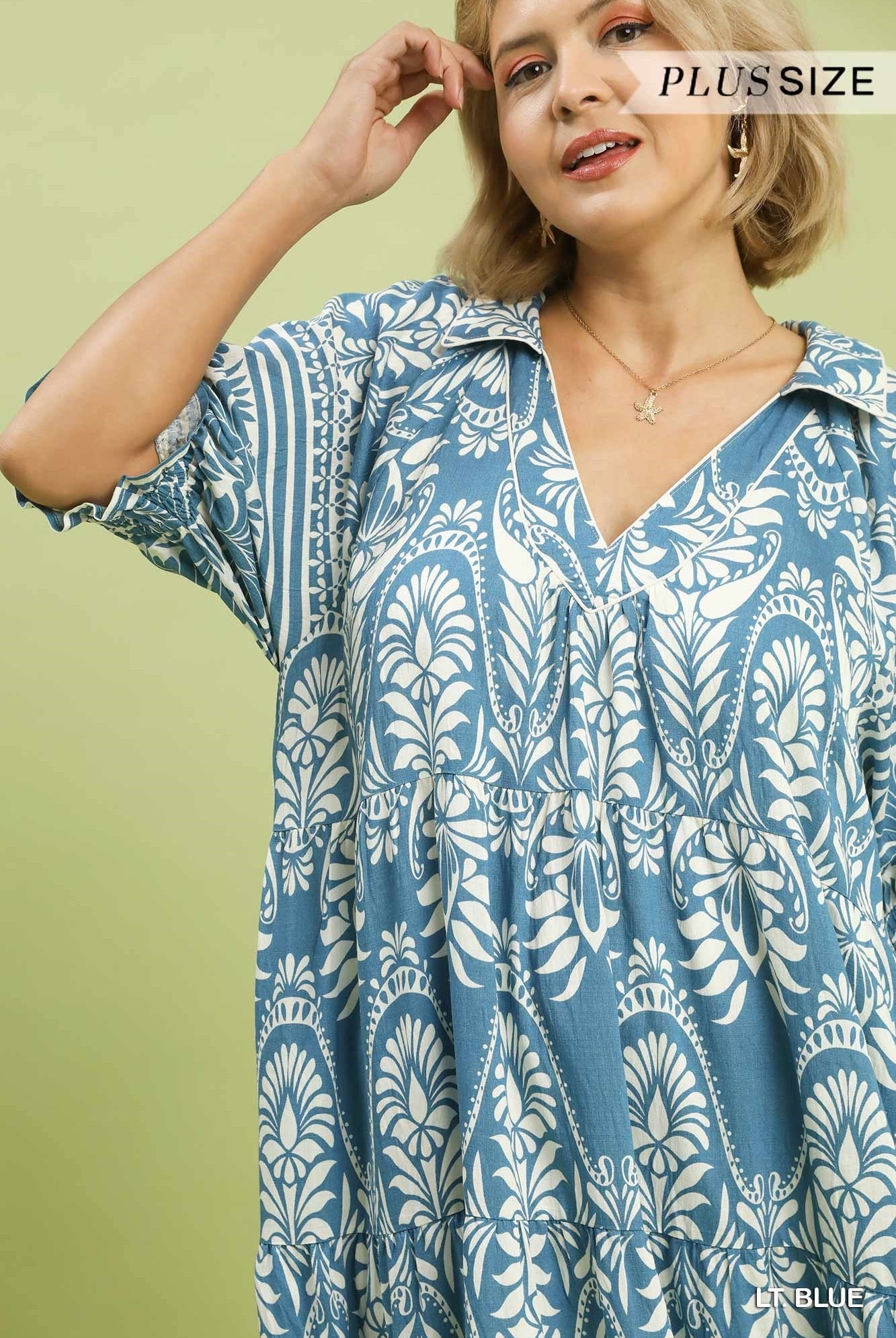 Umgee Plus Size Two-Tone Border Print Tiered Midi Dress In Light Blue-Curvy/Plus Dresses-Umgee-Deja Nu Boutique, Women's Fashion Boutique in Lampasas, Texas