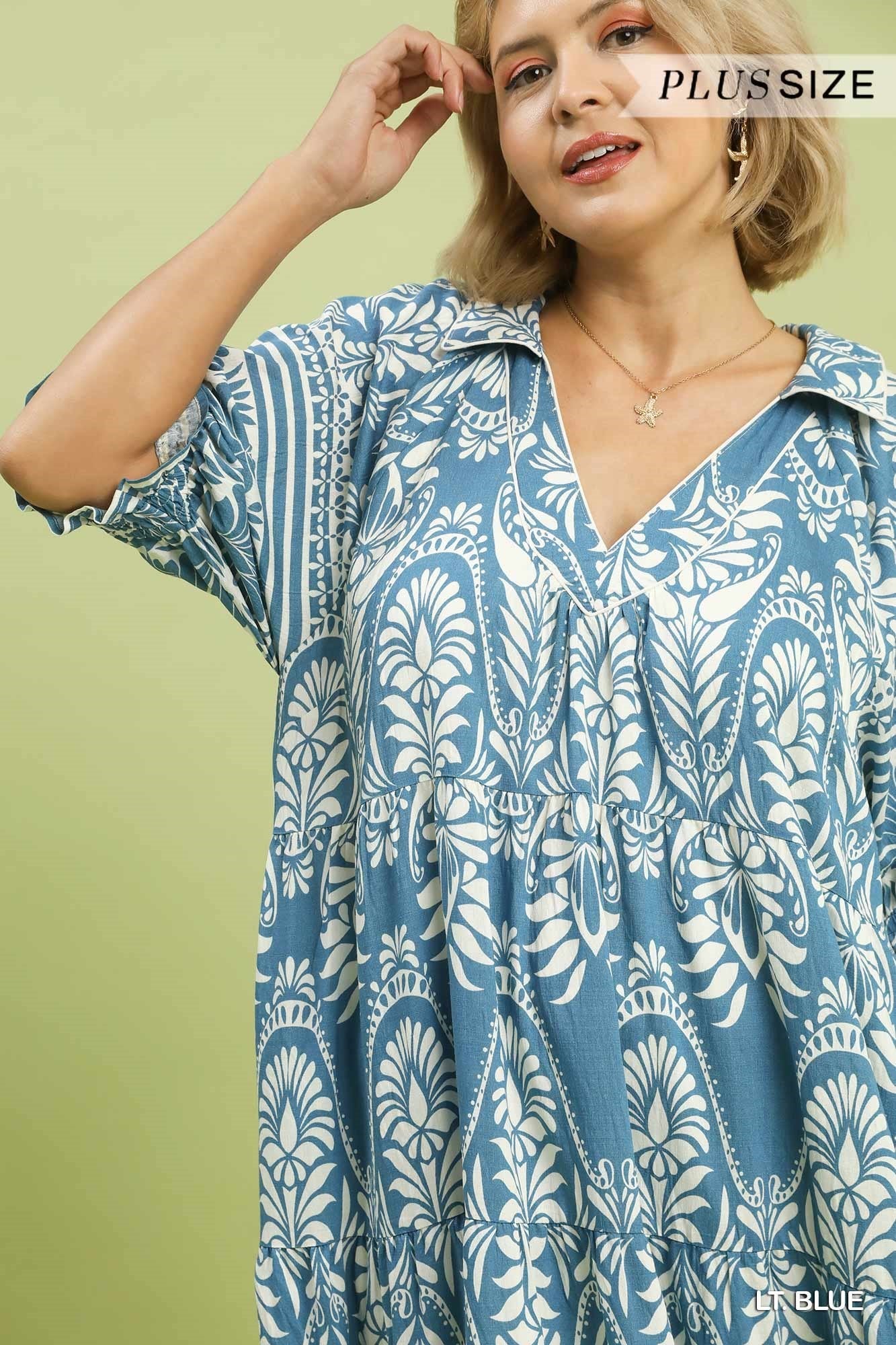 Umgee Plus Size Two-Tone Border Print Tiered Midi Dress In Light Blue-Curvy/Plus Dresses-Umgee-Deja Nu Boutique, Women's Fashion Boutique in Lampasas, Texas