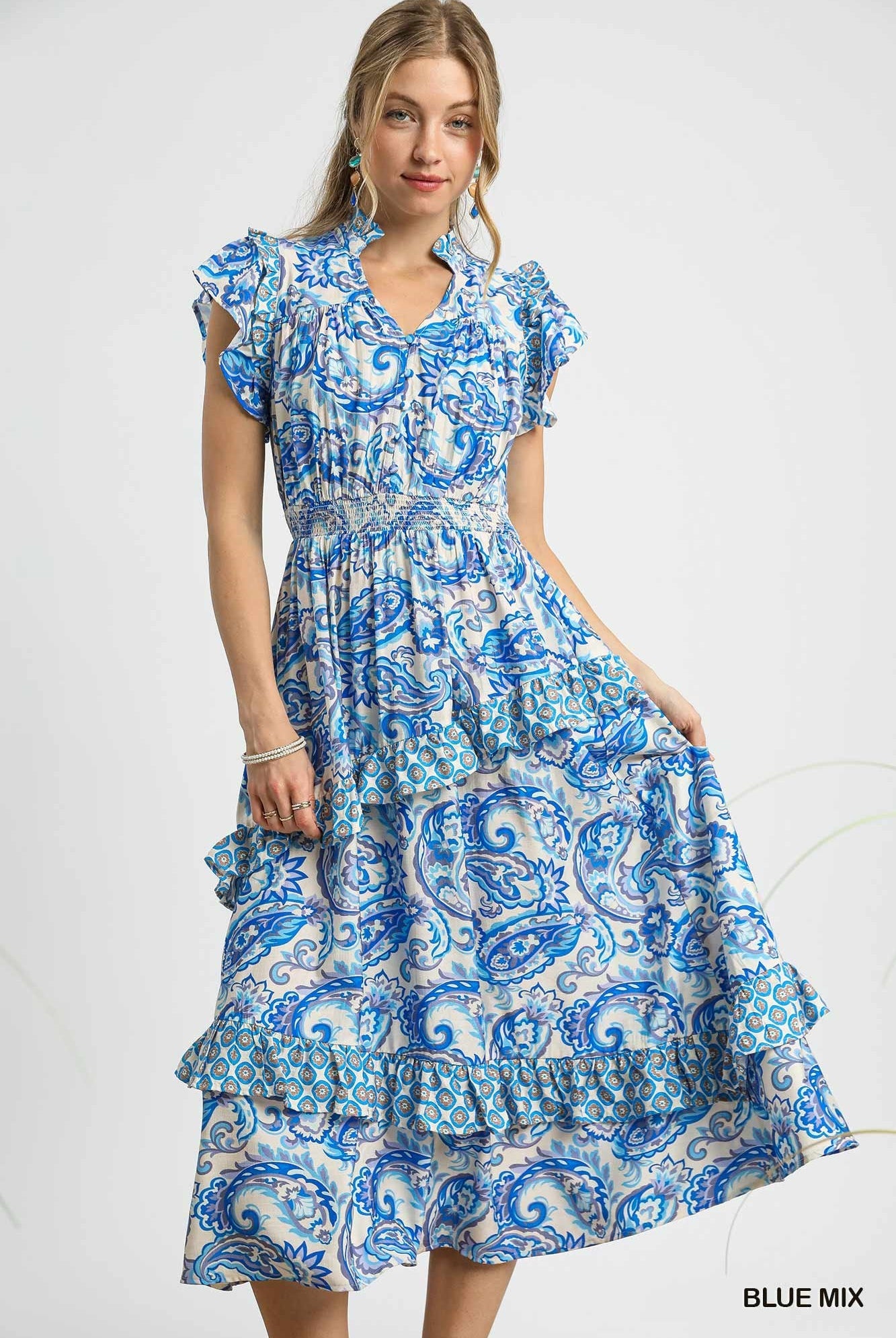 🌊 Umgee Ruffled Paisley Tiered Midi Dress – Blue Mix-Dresses-Umgee-Deja Nu Boutique, Women's Fashion Boutique in Lampasas, Texas