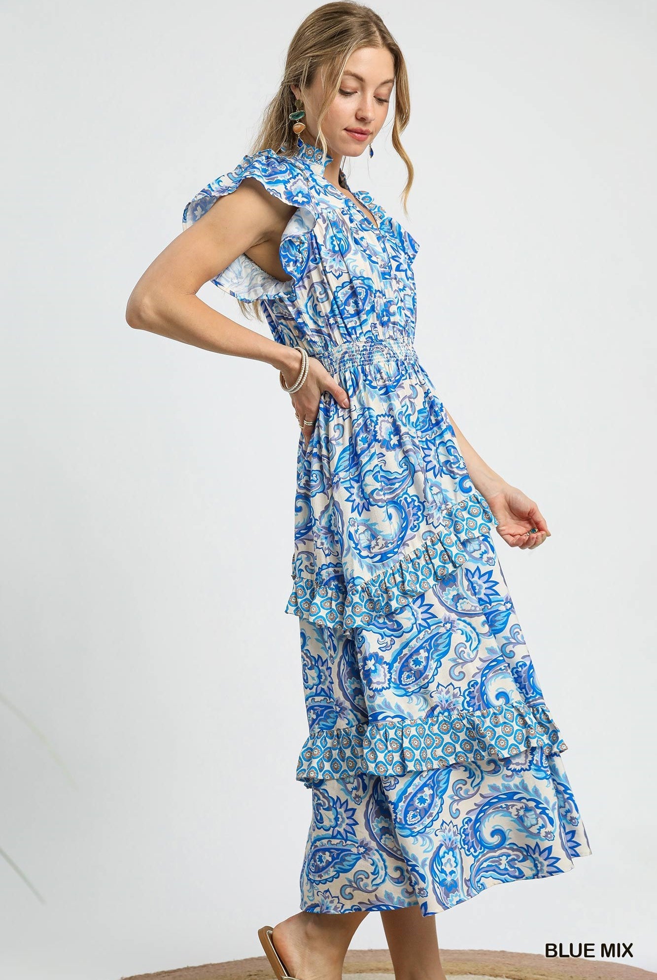 🌊 Umgee Ruffled Paisley Tiered Midi Dress – Blue Mix-Dresses-Umgee-Deja Nu Boutique, Women's Fashion Boutique in Lampasas, Texas