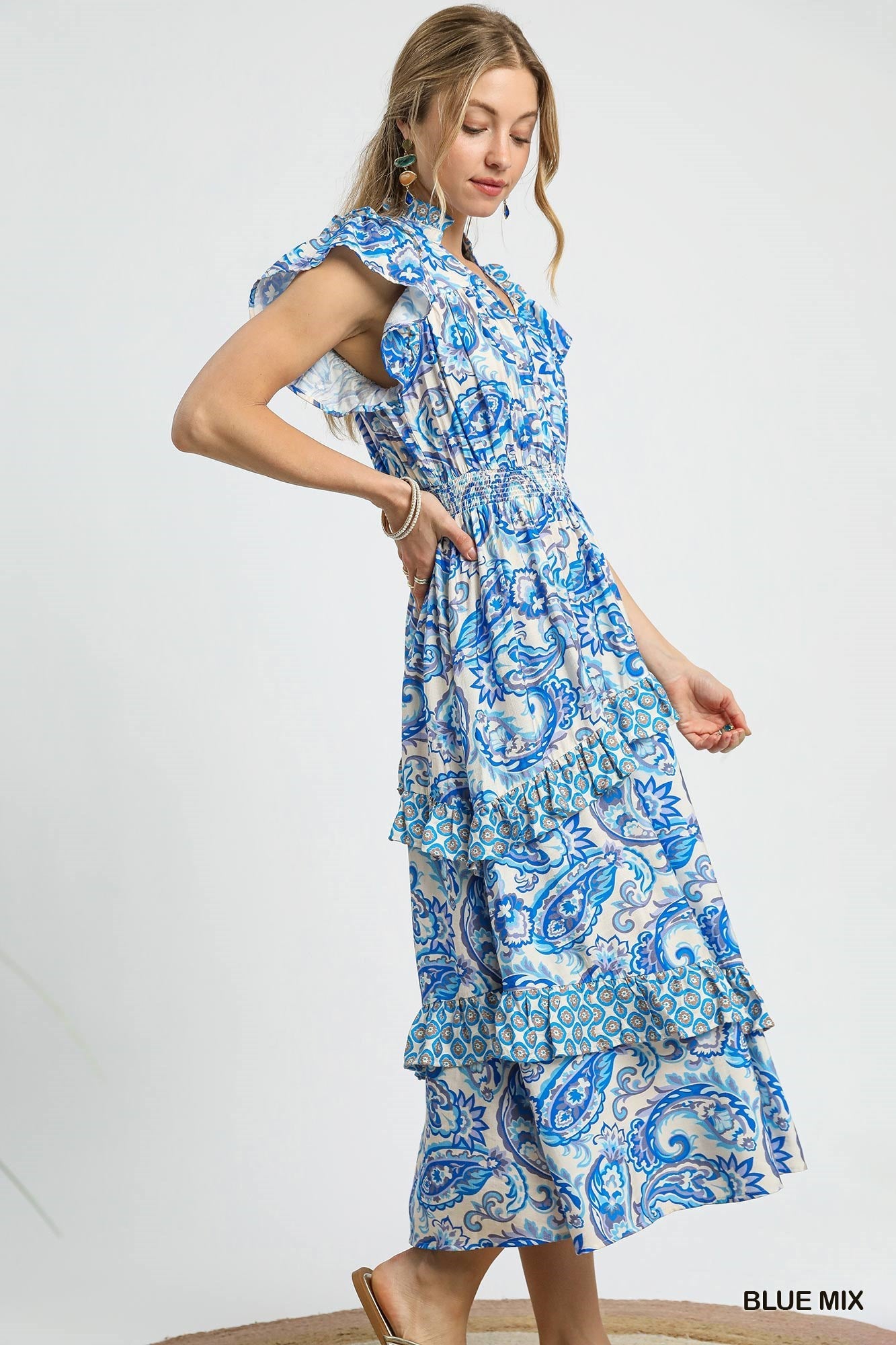 🌊 Umgee Ruffled Paisley Tiered Midi Dress – Blue Mix-Dresses-Umgee-Deja Nu Boutique, Women's Fashion Boutique in Lampasas, Texas