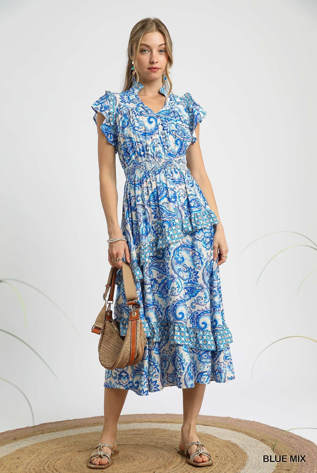🌊 Umgee Ruffled Paisley Tiered Midi Dress – Blue Mix-Dresses-Umgee-Deja Nu Boutique, Women's Fashion Boutique in Lampasas, Texas