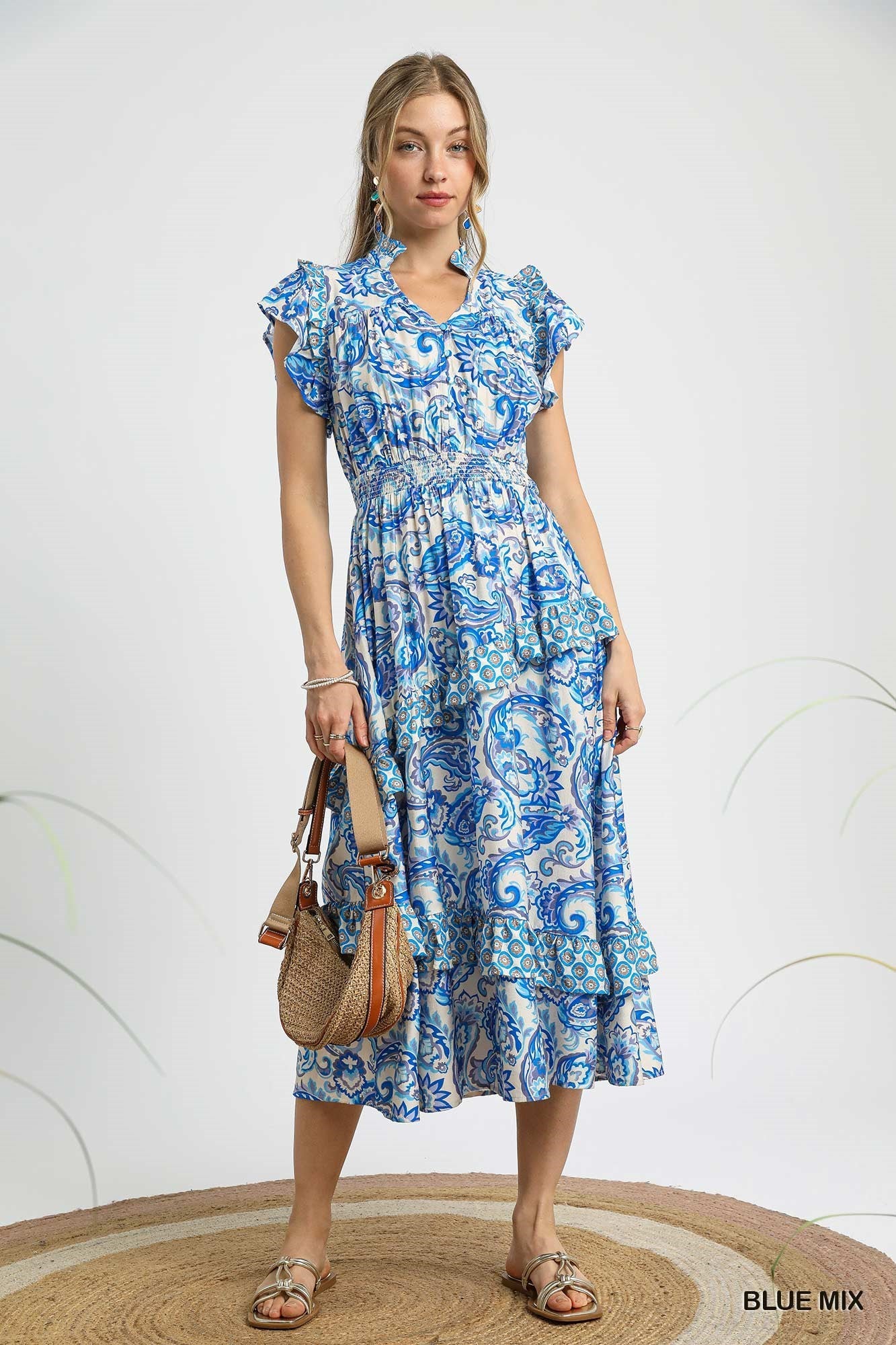 🌊 Umgee Ruffled Paisley Tiered Midi Dress – Blue Mix-Dresses-Umgee-Deja Nu Boutique, Women's Fashion Boutique in Lampasas, Texas