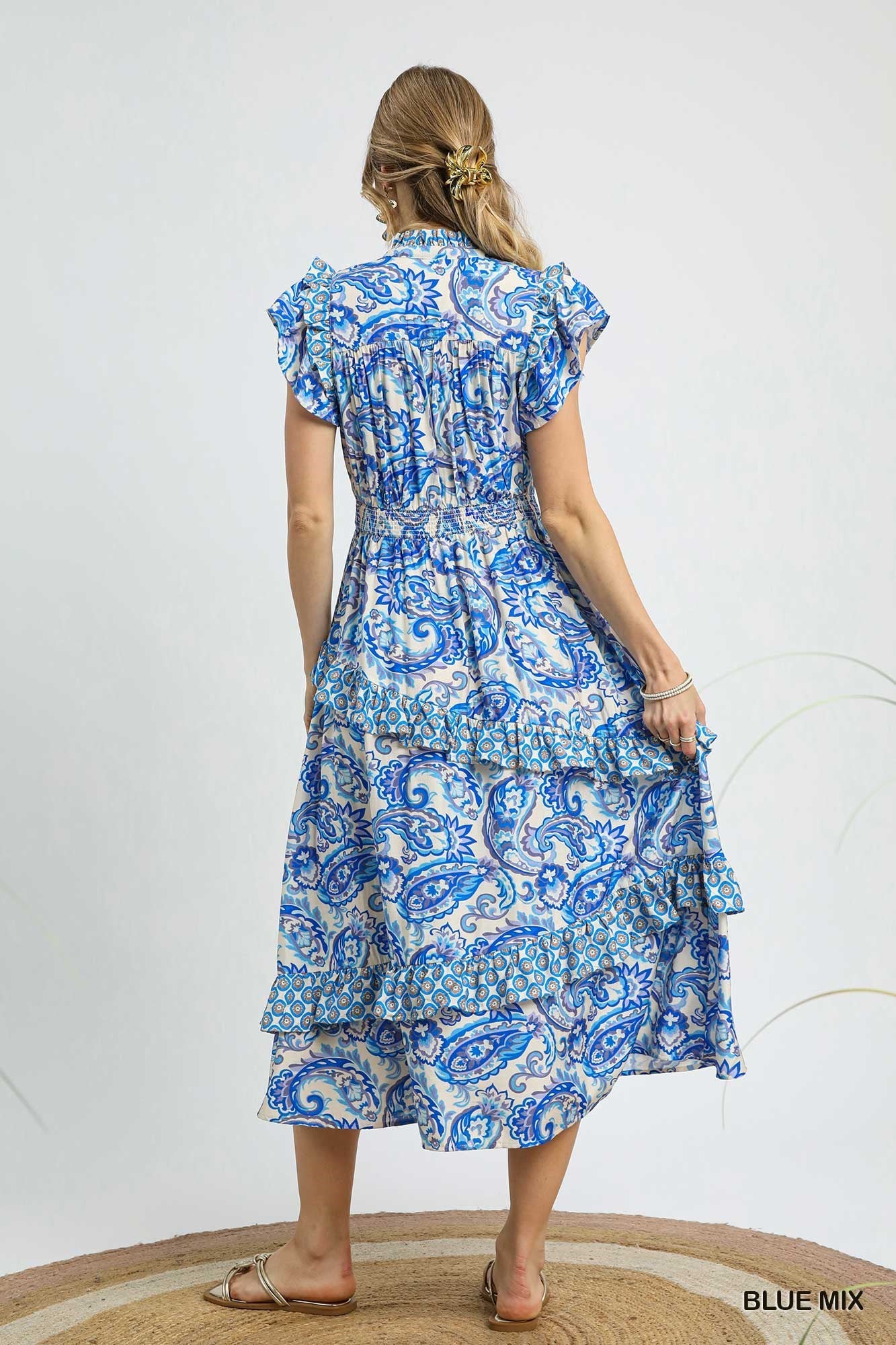 🌊 Umgee Ruffled Paisley Tiered Midi Dress – Blue Mix-Dresses-Umgee-Deja Nu Boutique, Women's Fashion Boutique in Lampasas, Texas