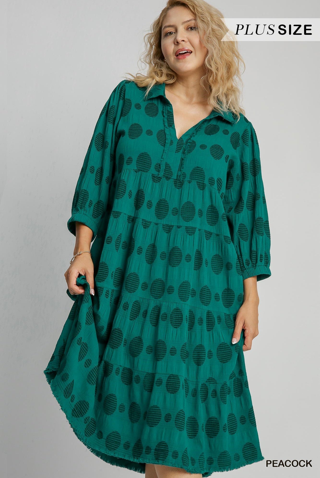 Umgee Solid Dotted V-Neck Collard Tiered Midi Dress With Long Balloon Sleeves In Peacock Plus-Curvy/Plus Dresses-Umgee-Deja Nu Boutique, Women's Fashion Boutique in Lampasas, Texas