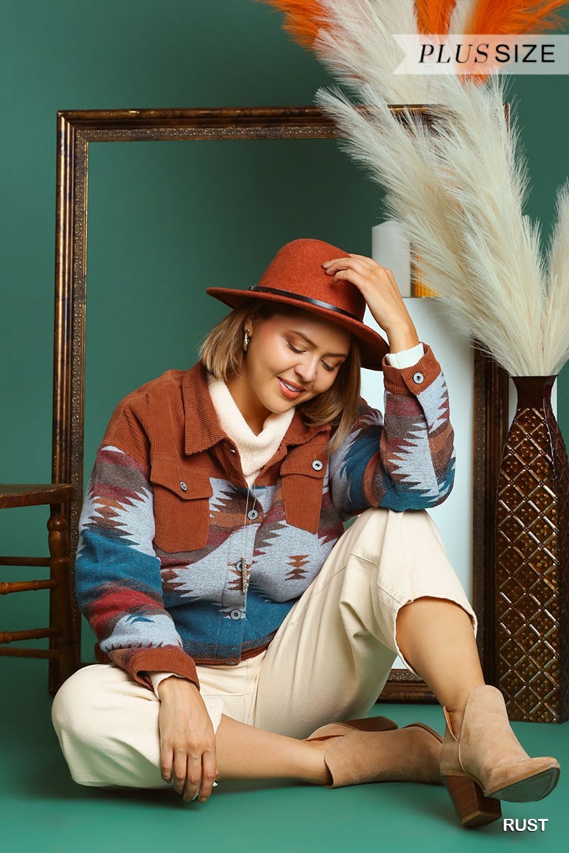 Umgee Stone Wash Vintage Pattern Jacket In Rust Plus-Curvy/Plus Outerwear-Umgee-Deja Nu Boutique, Women's Fashion Boutique in Lampasas, Texas