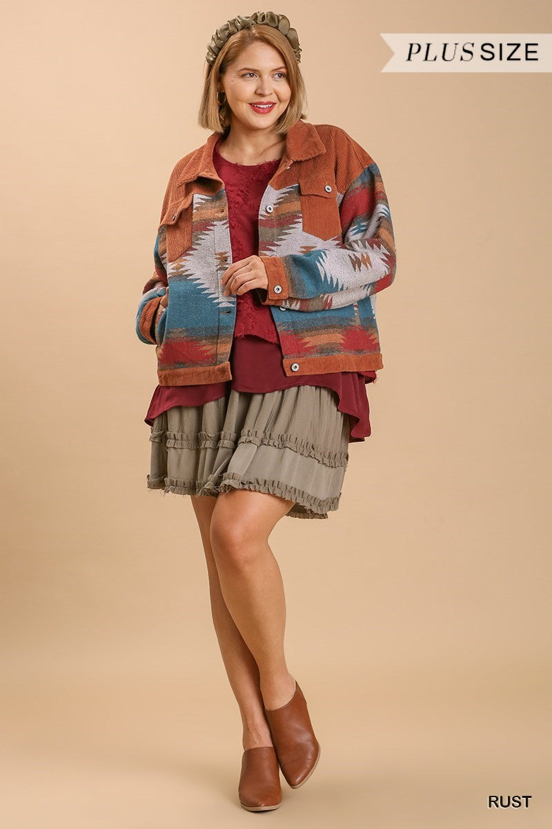 Umgee Stone Wash Vintage Pattern Jacket In Rust Plus-Curvy/Plus Outerwear-Umgee-Deja Nu Boutique, Women's Fashion Boutique in Lampasas, Texas