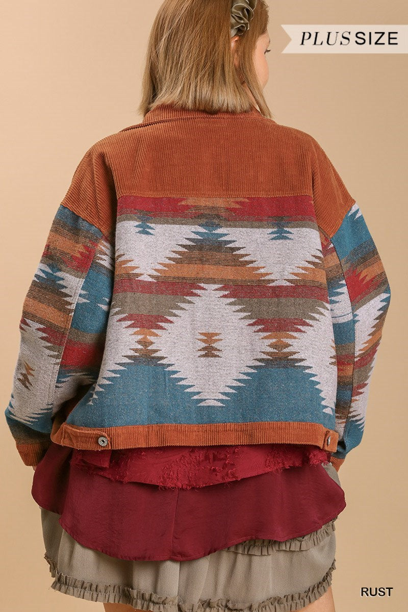 Umgee Stone Wash Vintage Pattern Jacket In Rust Plus-Curvy/Plus Outerwear-Umgee-Deja Nu Boutique, Women's Fashion Boutique in Lampasas, Texas