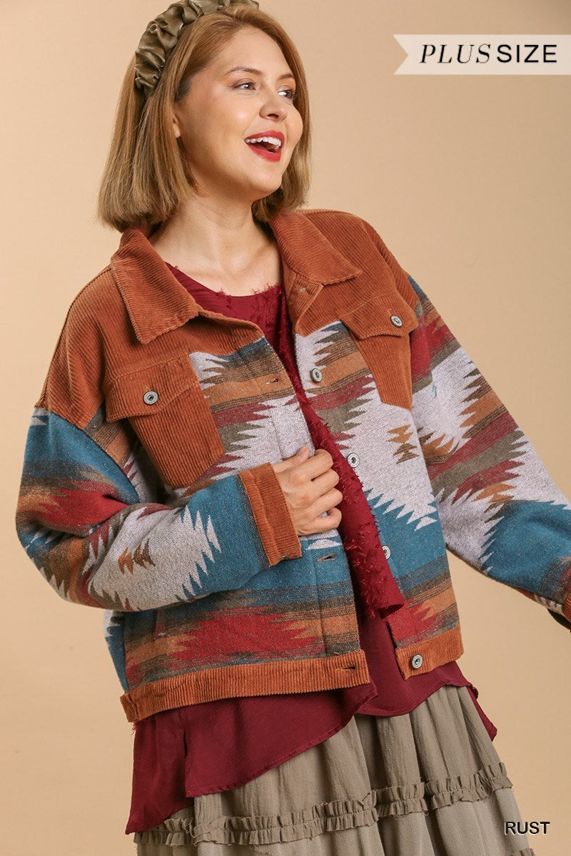 Umgee Stone Wash Vintage Pattern Jacket In Rust Plus-Curvy/Plus Outerwear-Umgee-Deja Nu Boutique, Women's Fashion Boutique in Lampasas, Texas