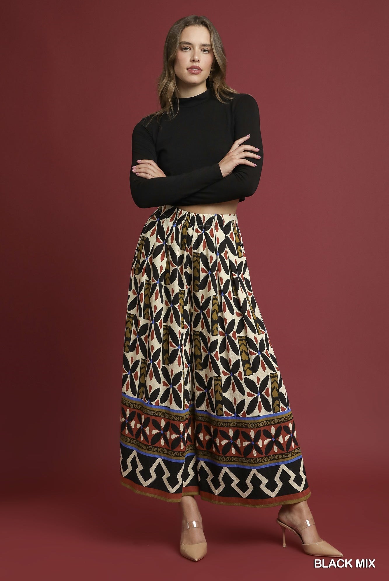 Umgee Tribal Motif Block Print Wide Leg Pants in Black Mix-bottoms-Umgee-Deja Nu Boutique, Women's Fashion Boutique in Lampasas, Texas