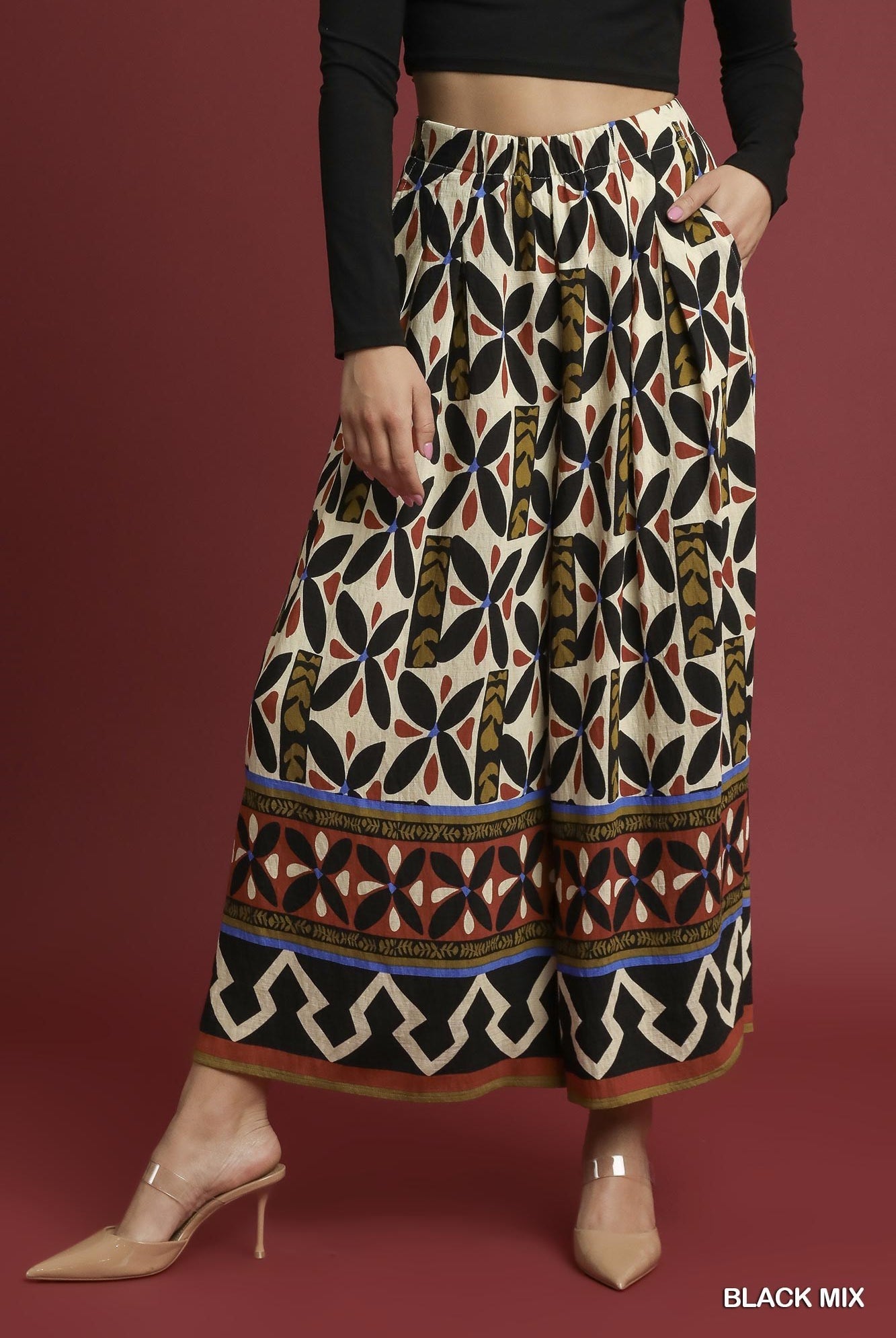 Umgee Tribal Motif Block Print Wide Leg Pants in Black Mix-bottoms-Umgee-Deja Nu Boutique, Women's Fashion Boutique in Lampasas, Texas