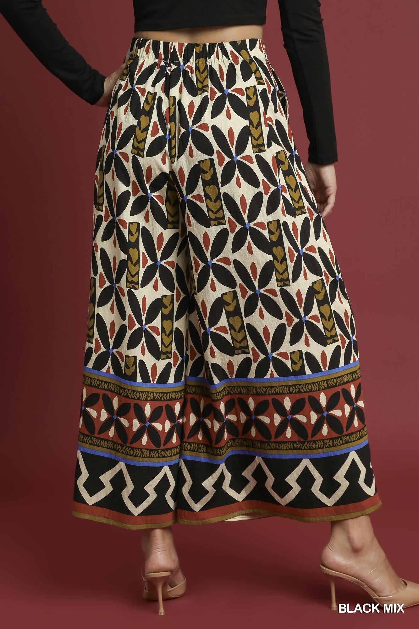Umgee Tribal Motif Block Print Wide Leg Pants in Black Mix-bottoms-Umgee-Deja Nu Boutique, Women's Fashion Boutique in Lampasas, Texas