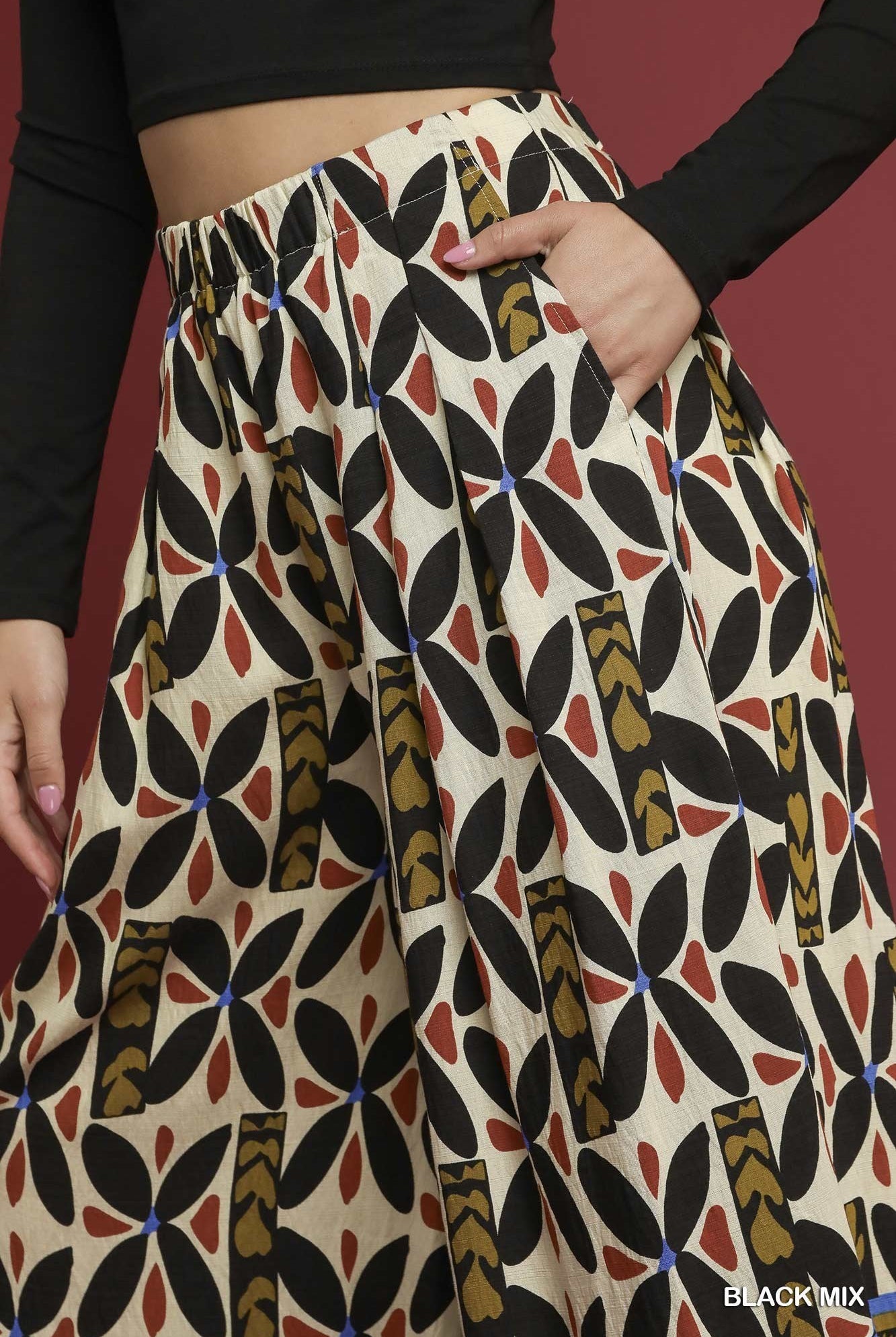 Umgee Tribal Motif Block Print Wide Leg Pants in Black Mix-bottoms-Umgee-Deja Nu Boutique, Women's Fashion Boutique in Lampasas, Texas