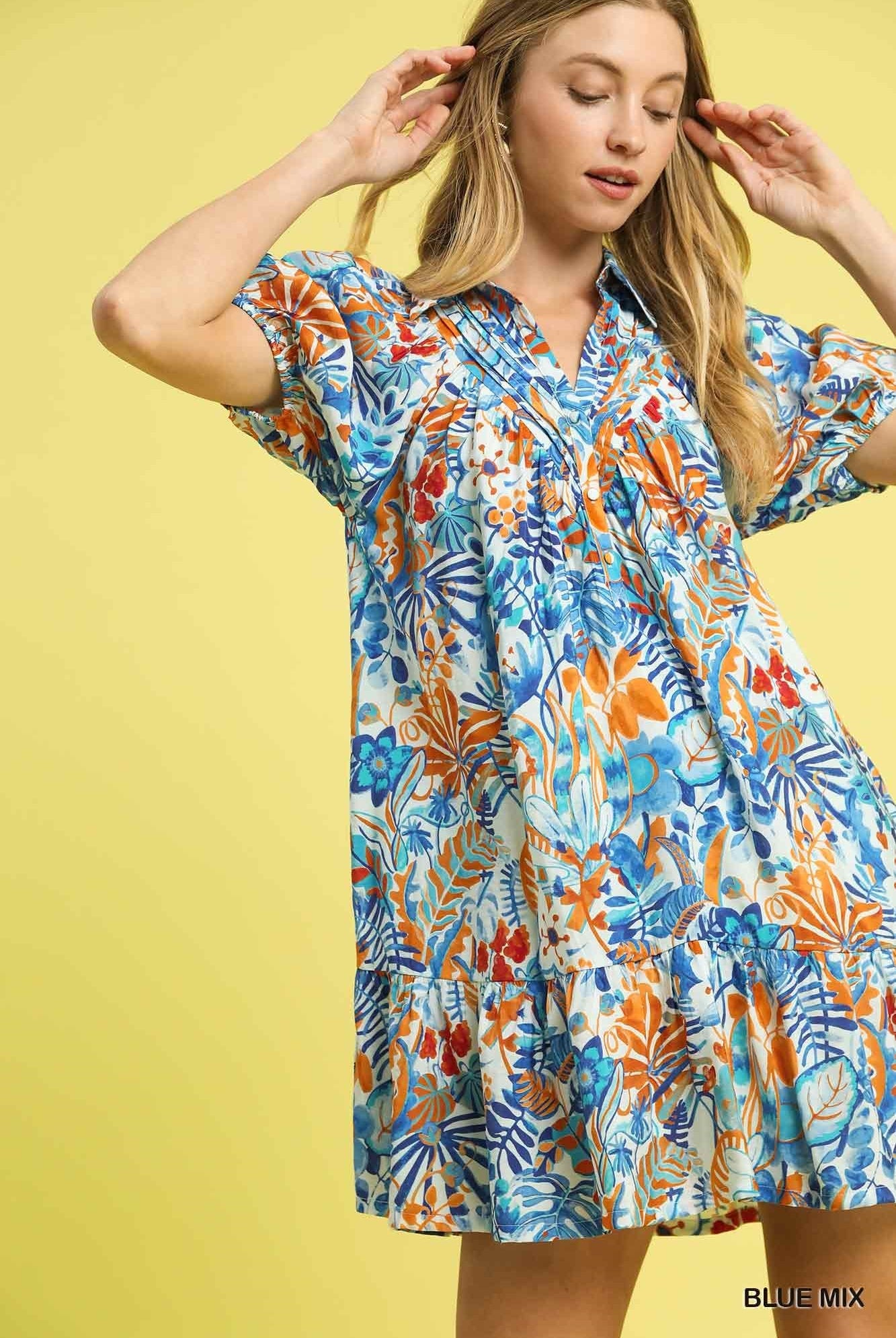 Umgee Tropical Floral Tiered Mini Dress in Blue Mix-Dresses-Umgee-Deja Nu Boutique, Women's Fashion Boutique in Lampasas, Texas