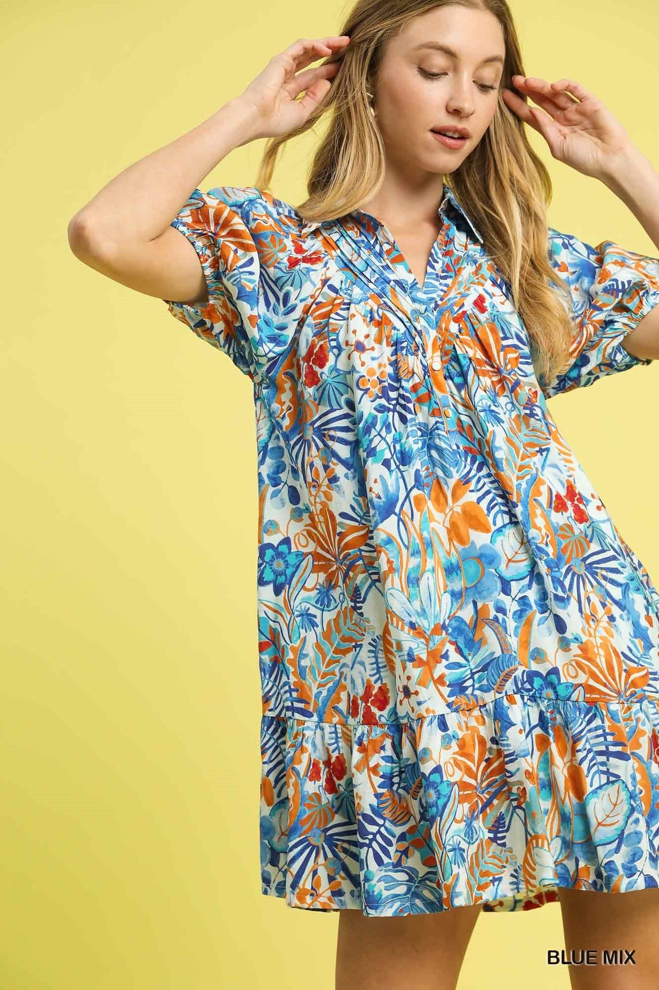 Umgee Tropical Floral Tiered Mini Dress in Blue Mix-Dresses-Umgee-Deja Nu Boutique, Women's Fashion Boutique in Lampasas, Texas