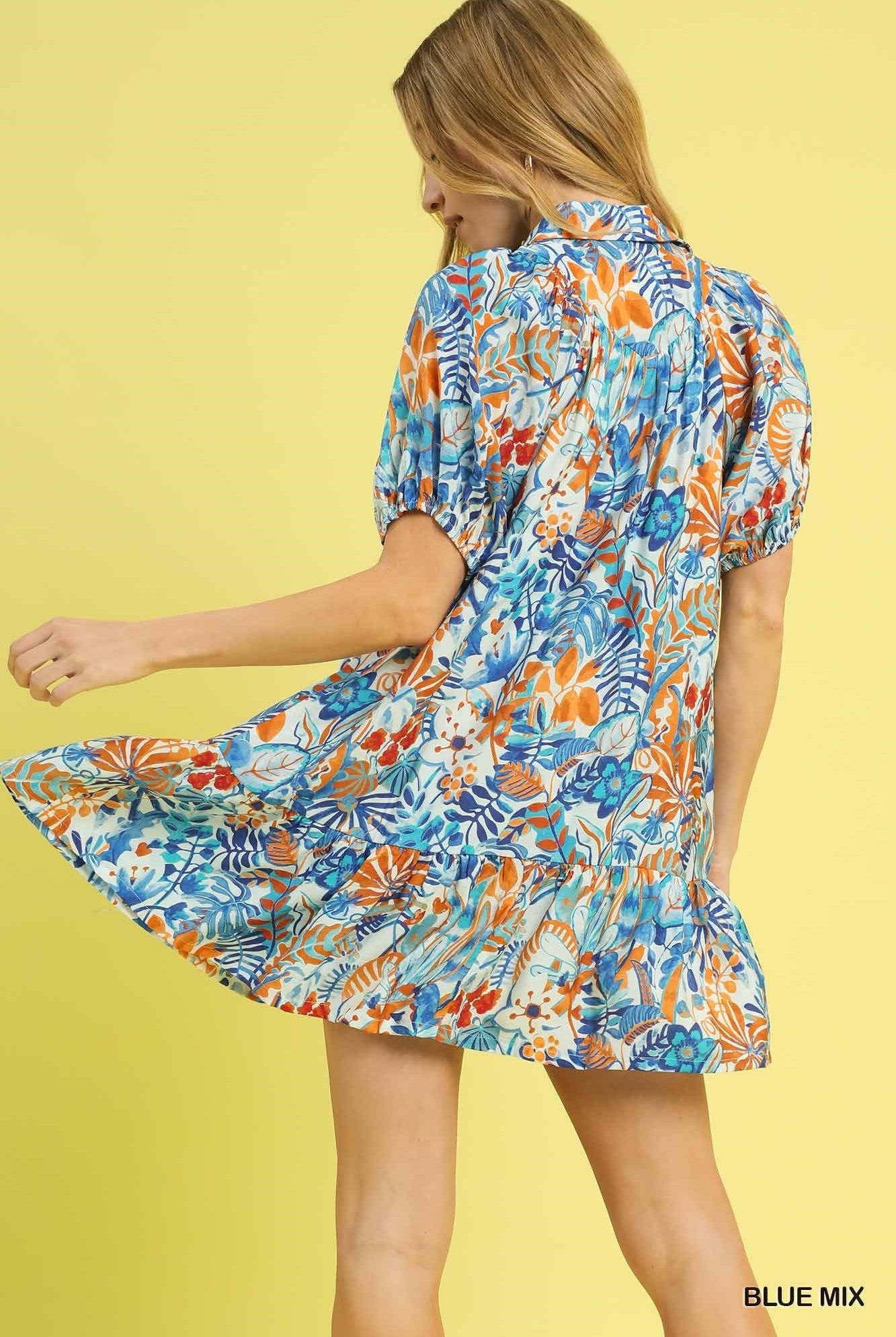 Umgee Tropical Floral Tiered Mini Dress in Blue Mix-Dresses-Umgee-Deja Nu Boutique, Women's Fashion Boutique in Lampasas, Texas