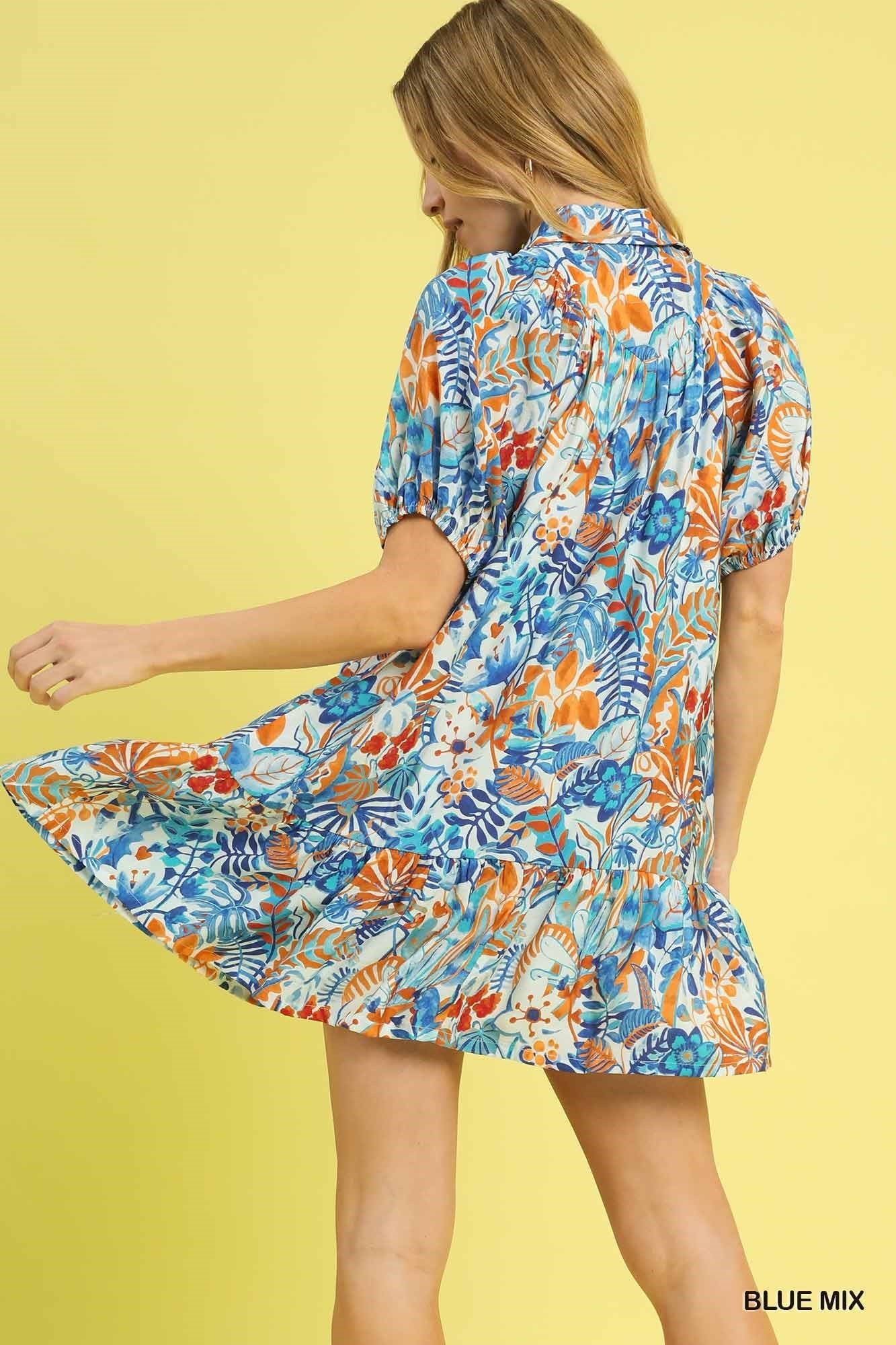 Umgee Tropical Floral Tiered Mini Dress in Blue Mix-Dresses-Umgee-Deja Nu Boutique, Women's Fashion Boutique in Lampasas, Texas