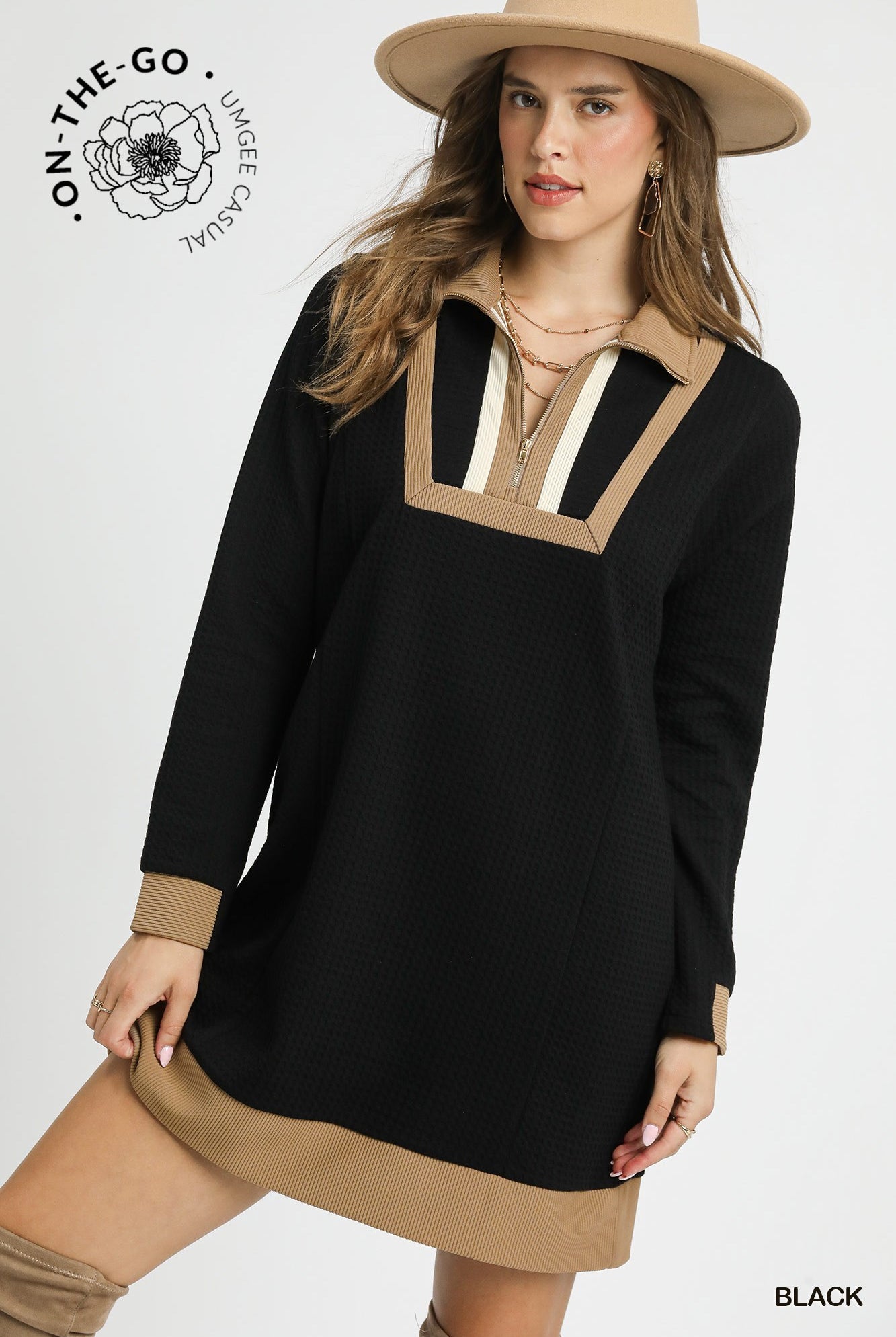 Umgee Waffle Knit Zip Collar Tunic Dress in Black A Casual Long Sleeve Mini Dress-Dresses-Umgee-Deja Nu Boutique, Women's Fashion Boutique in Lampasas, Texas