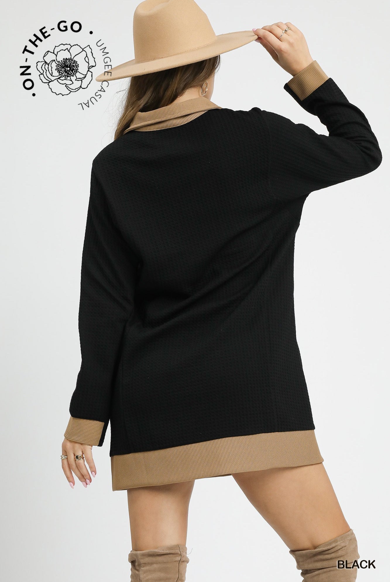 Umgee Waffle Knit Zip Collar Tunic Dress in Black A Casual Long Sleeve Mini Dress-Dresses-Umgee-Deja Nu Boutique, Women's Fashion Boutique in Lampasas, Texas