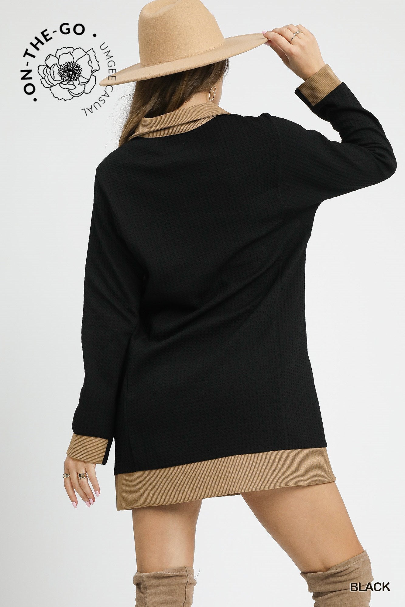 Umgee Waffle Knit Zip Collar Tunic Dress in Black A Casual Long Sleeve Mini Dress-Dresses-Umgee-Deja Nu Boutique, Women's Fashion Boutique in Lampasas, Texas