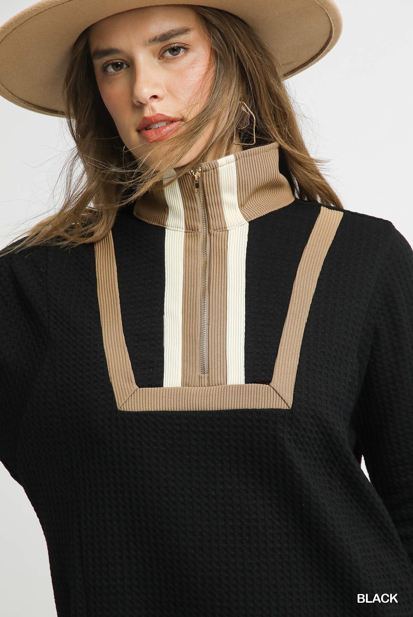 Umgee Waffle Knit Zip Collar Tunic Dress in Black A Casual Long Sleeve Mini Dress-Dresses-Umgee-Deja Nu Boutique, Women's Fashion Boutique in Lampasas, Texas