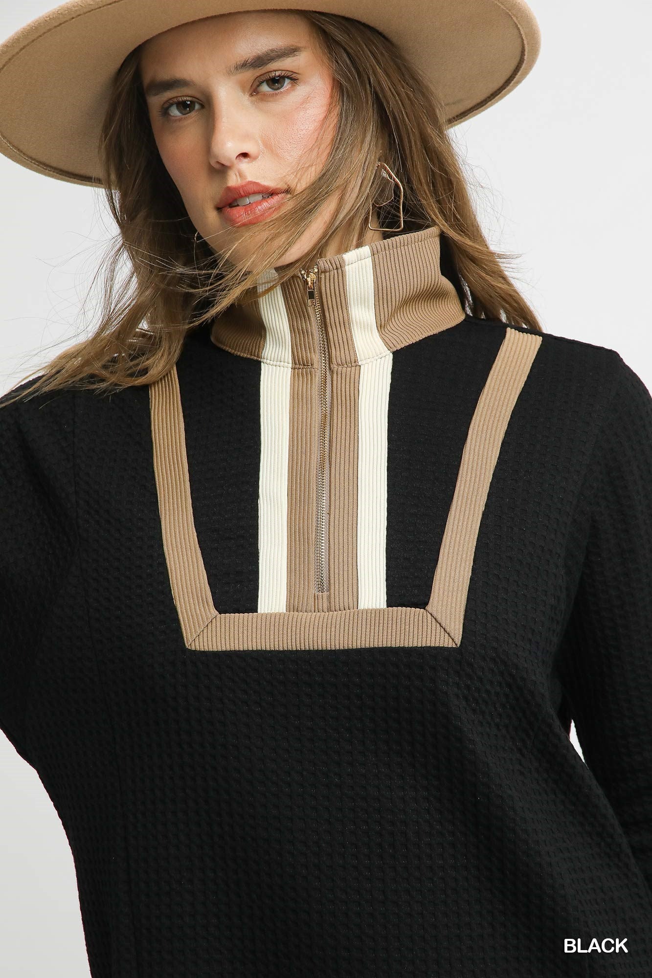 Umgee Waffle Knit Zip Collar Tunic Dress in Black A Casual Long Sleeve Mini Dress-Dresses-Umgee-Deja Nu Boutique, Women's Fashion Boutique in Lampasas, Texas