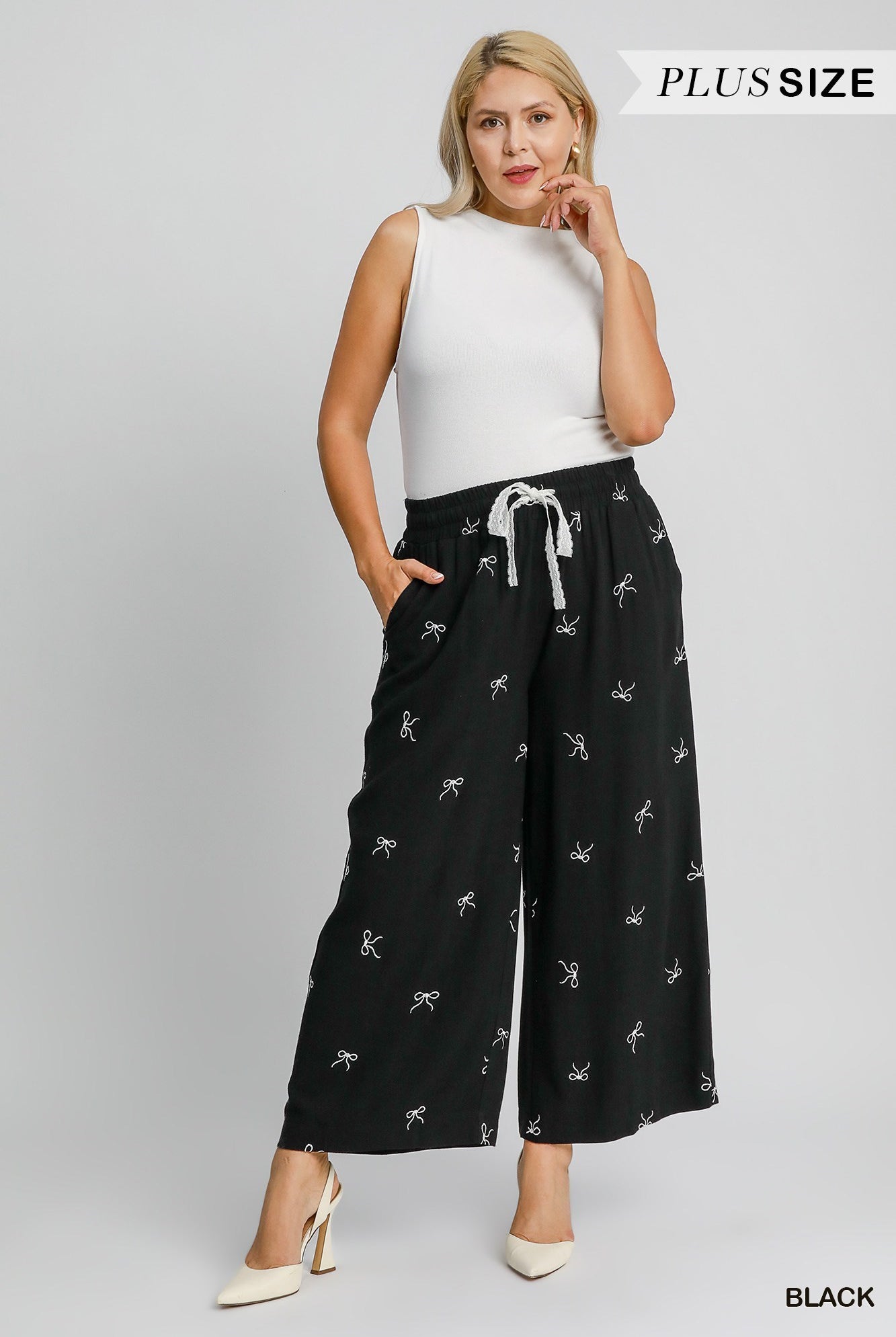 Umgee White Ribbon Embroidery Pull On Black Pants Plus-Curvy/Plus Pants-Umgee-Deja Nu Boutique, Women's Fashion Boutique in Lampasas, Texas