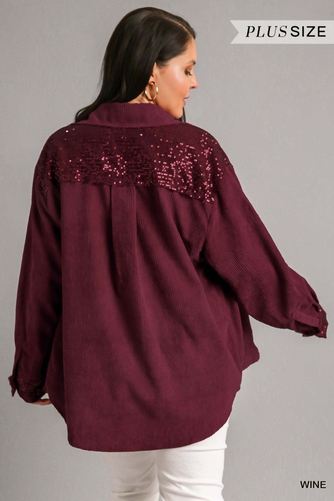 Umgee Wine Corduroy Jacket With Sequin Details Plus-Curvy/Plus Outerwear-Umgee-Deja Nu Boutique, Women's Fashion Boutique in Lampasas, Texas