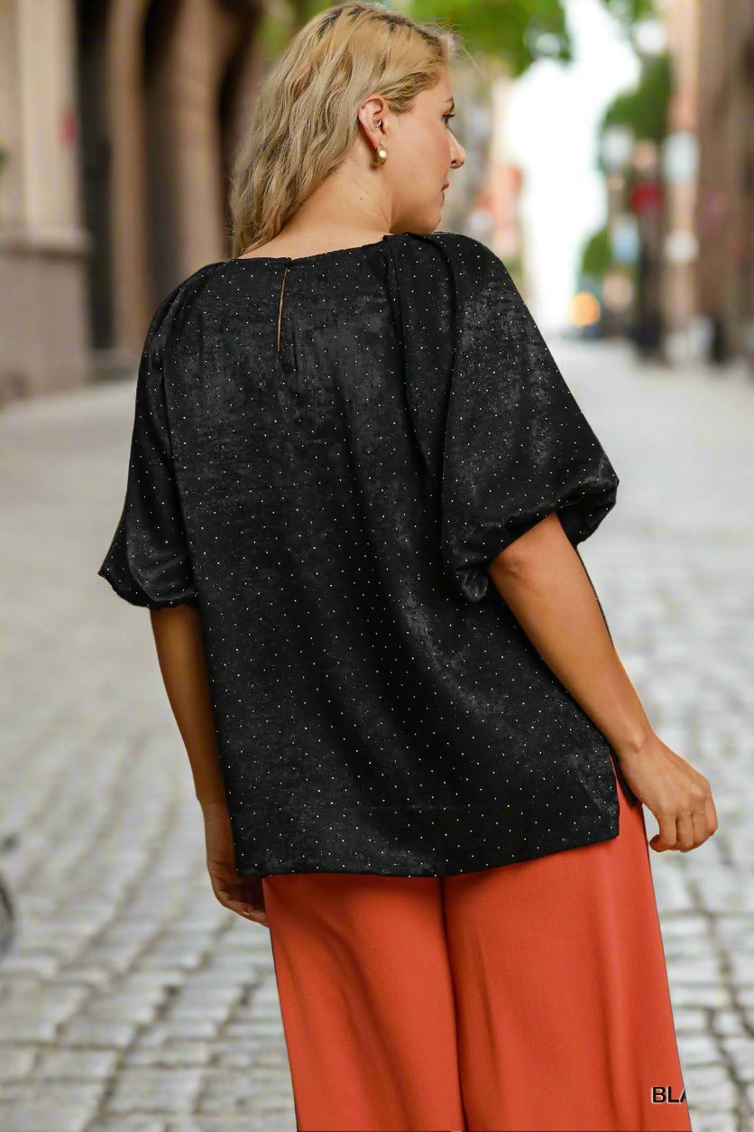Umgee Black Satin Rhinestone Embellished Blouse With Puff Sleeves-Curvy/Plus Blouses-Umgee-Deja Nu Boutique, Women's Fashion Boutique in Lampasas, Texas