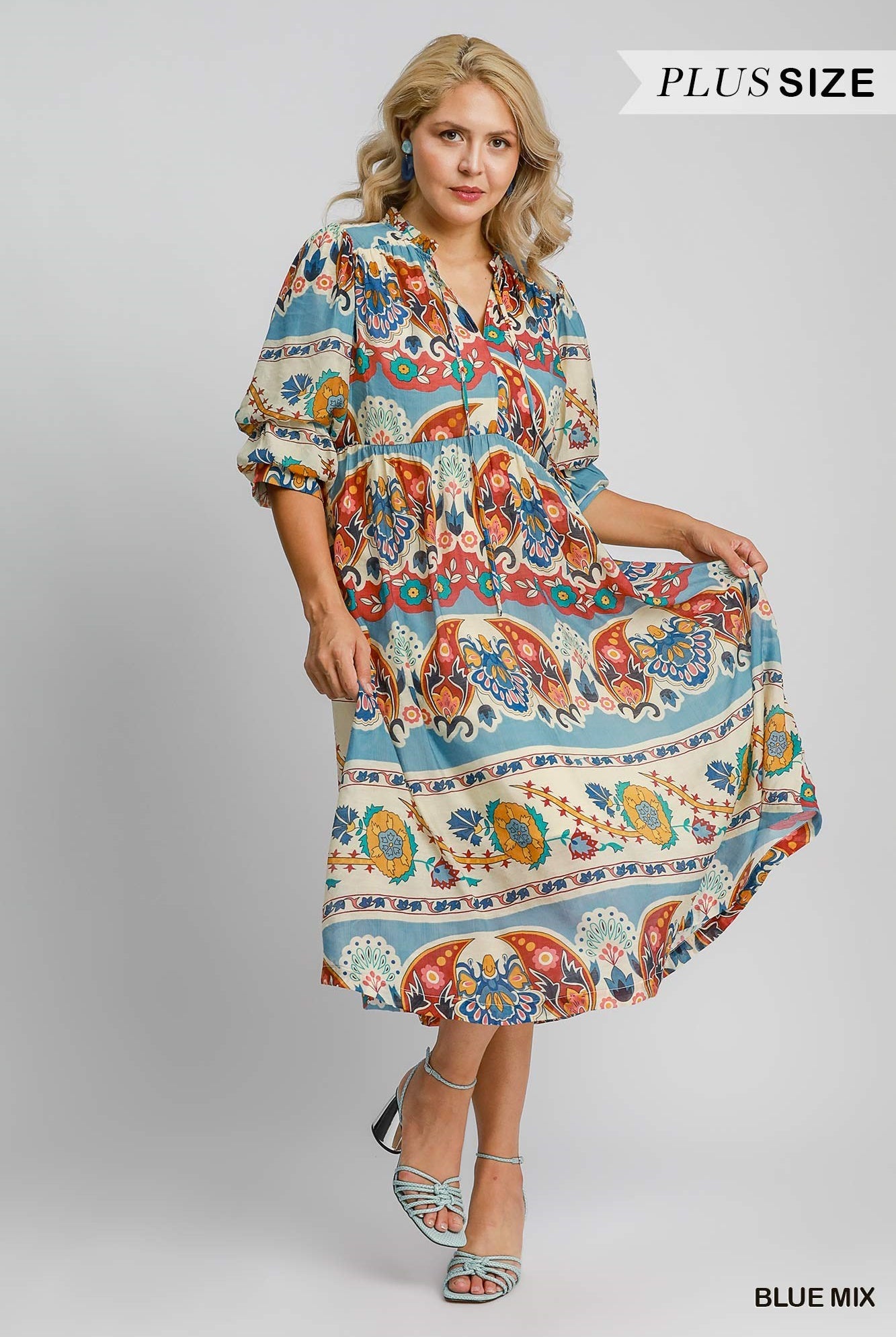 Umgee Border Print Tiered Midi Dress With Front Tie In Blue Mix Plus-Curvy/Plus Dresses-Umgee-Deja Nu Boutique, Women's Fashion Boutique in Lampasas, Texas