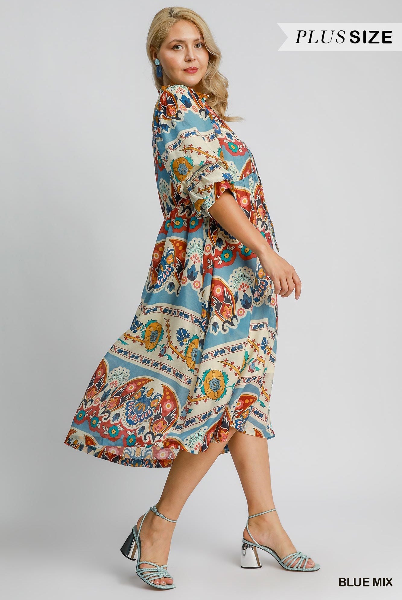 Umgee Border Print Tiered Midi Dress With Front Tie In Blue Mix Plus-Curvy/Plus Dresses-Umgee-Deja Nu Boutique, Women's Fashion Boutique in Lampasas, Texas