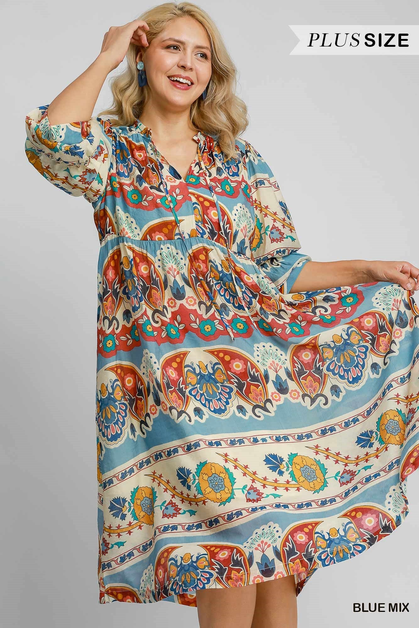 Umgee Border Print Tiered Midi Dress With Front Tie In Blue Mix Plus-Curvy/Plus Dresses-Umgee-Deja Nu Boutique, Women's Fashion Boutique in Lampasas, Texas