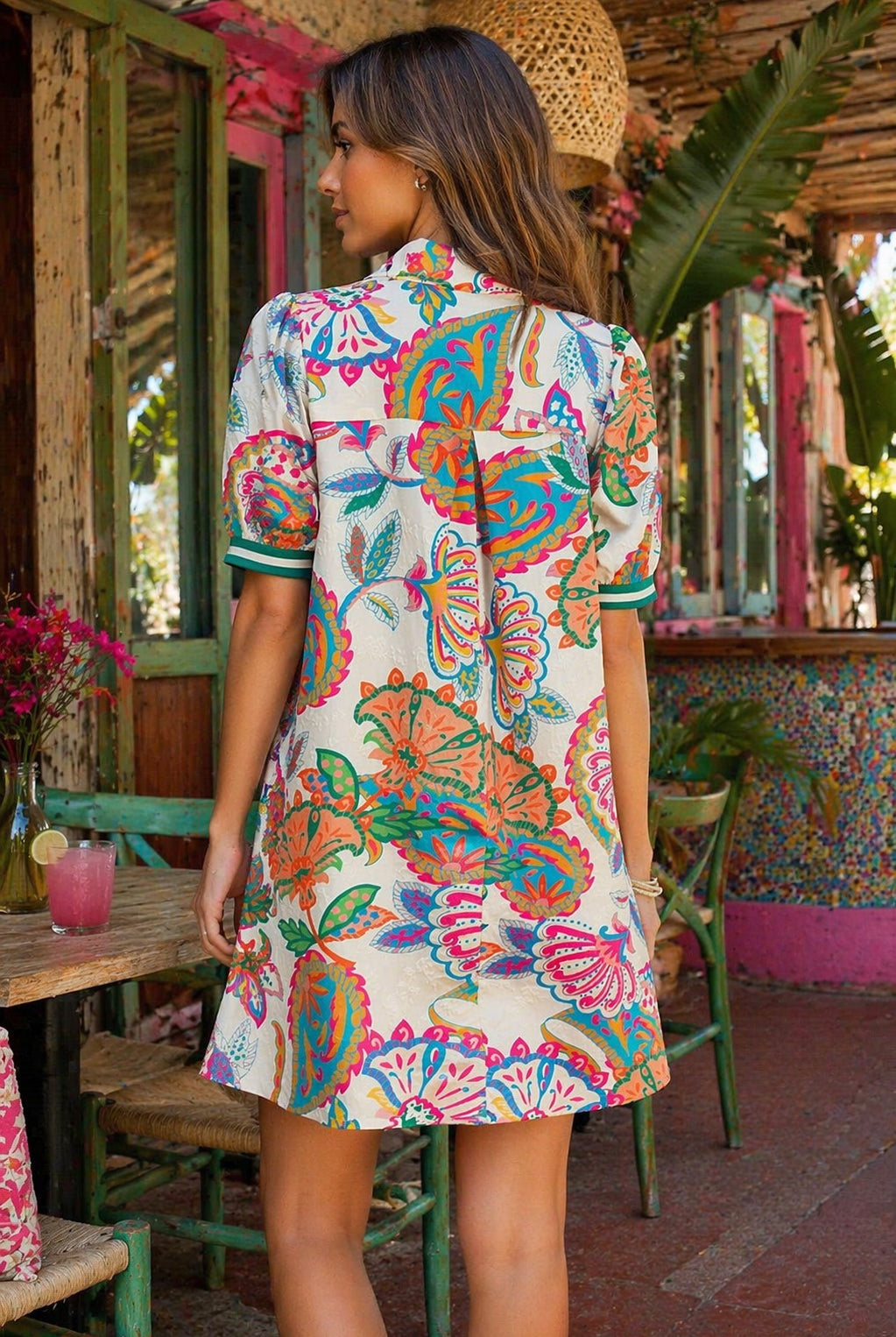 Umgee Jacquard Paisley Print Puff Sleeve Tunic Dress – Cream Mix-mini dress-Umgee-Deja Nu Boutique, Women's Fashion Boutique in Lampasas, Texas
