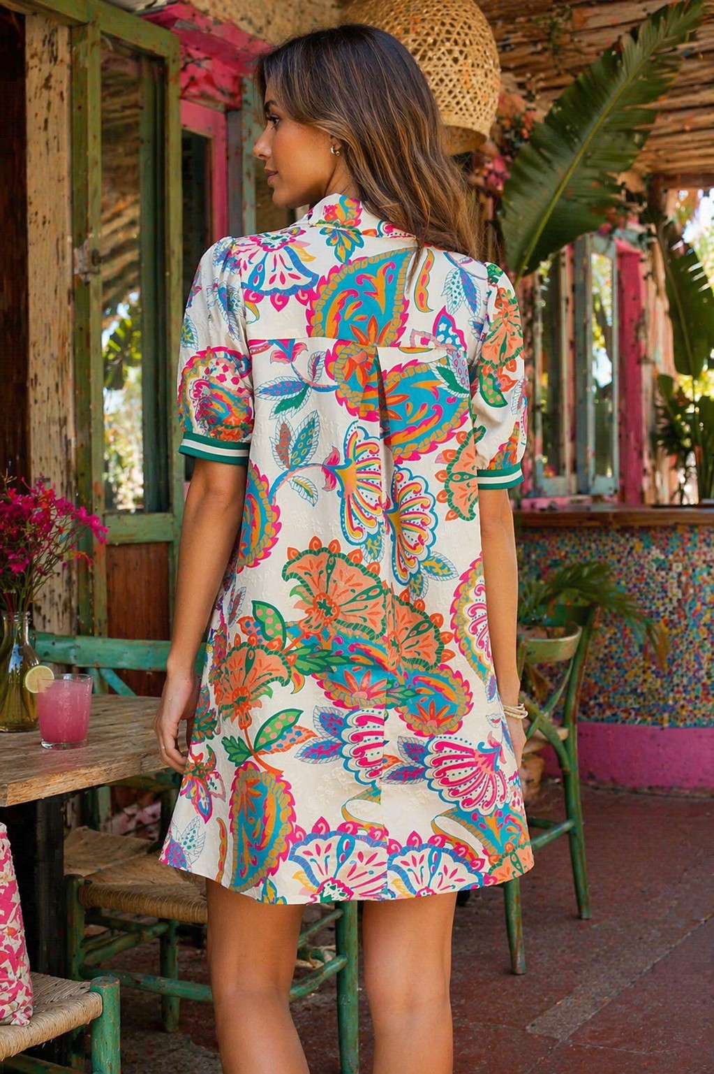 Umgee Jacquard Paisley Print Puff Sleeve Tunic Dress – Cream Mix-mini dress-Umgee-Deja Nu Boutique, Women's Fashion Boutique in Lampasas, Texas