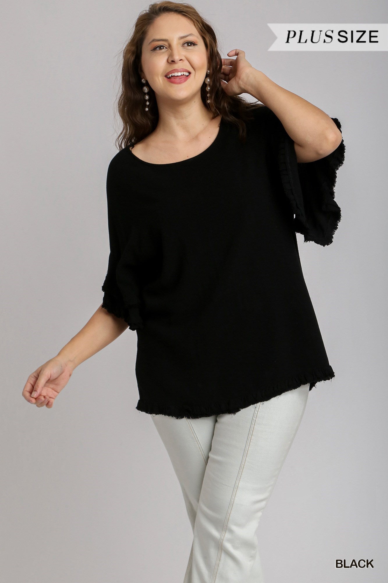 Umgee Linen Blend Black Short Ruffle Sleeve Top With Frayed Hem Plus-Curvy/Plus Tops-Umgee-Deja Nu Boutique, Women's Fashion Boutique in Lampasas, Texas